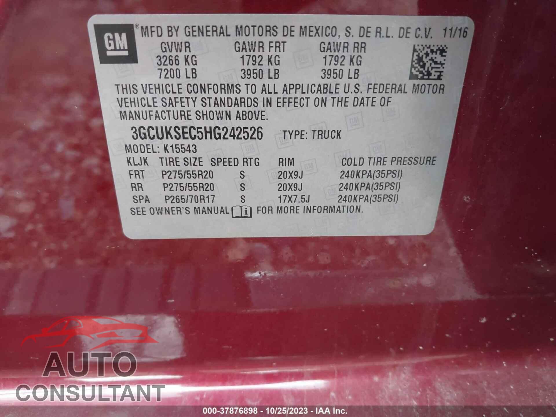 CHEVROLET SILVERADO 1500 2017 - 3GCUKSEC5HG242526
