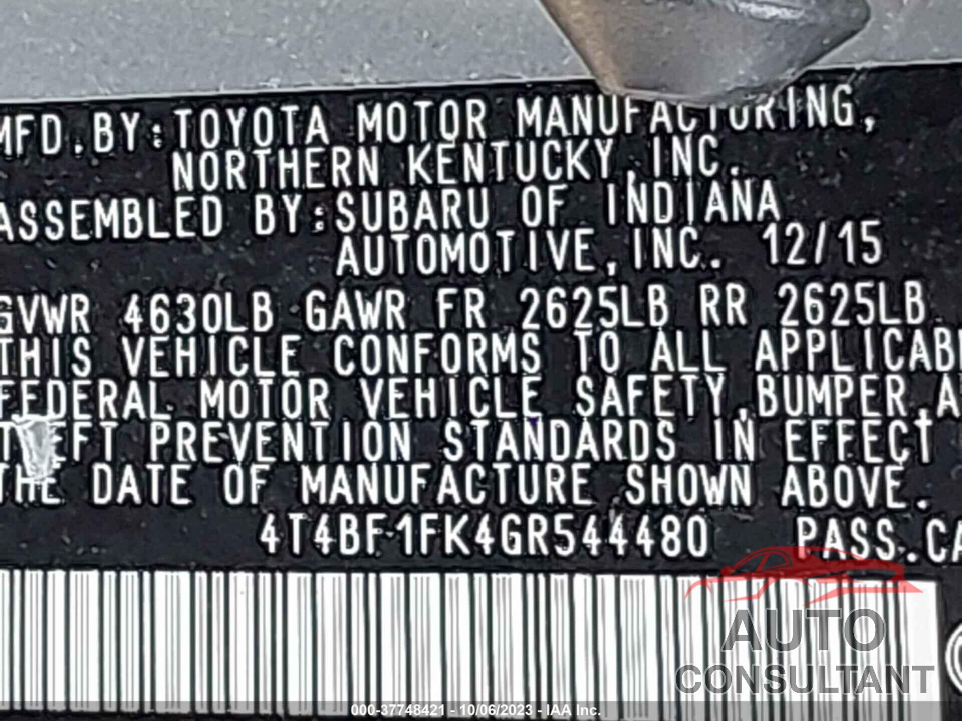 TOYOTA CAMRY 2016 - 4T4BF1FK4GR544480