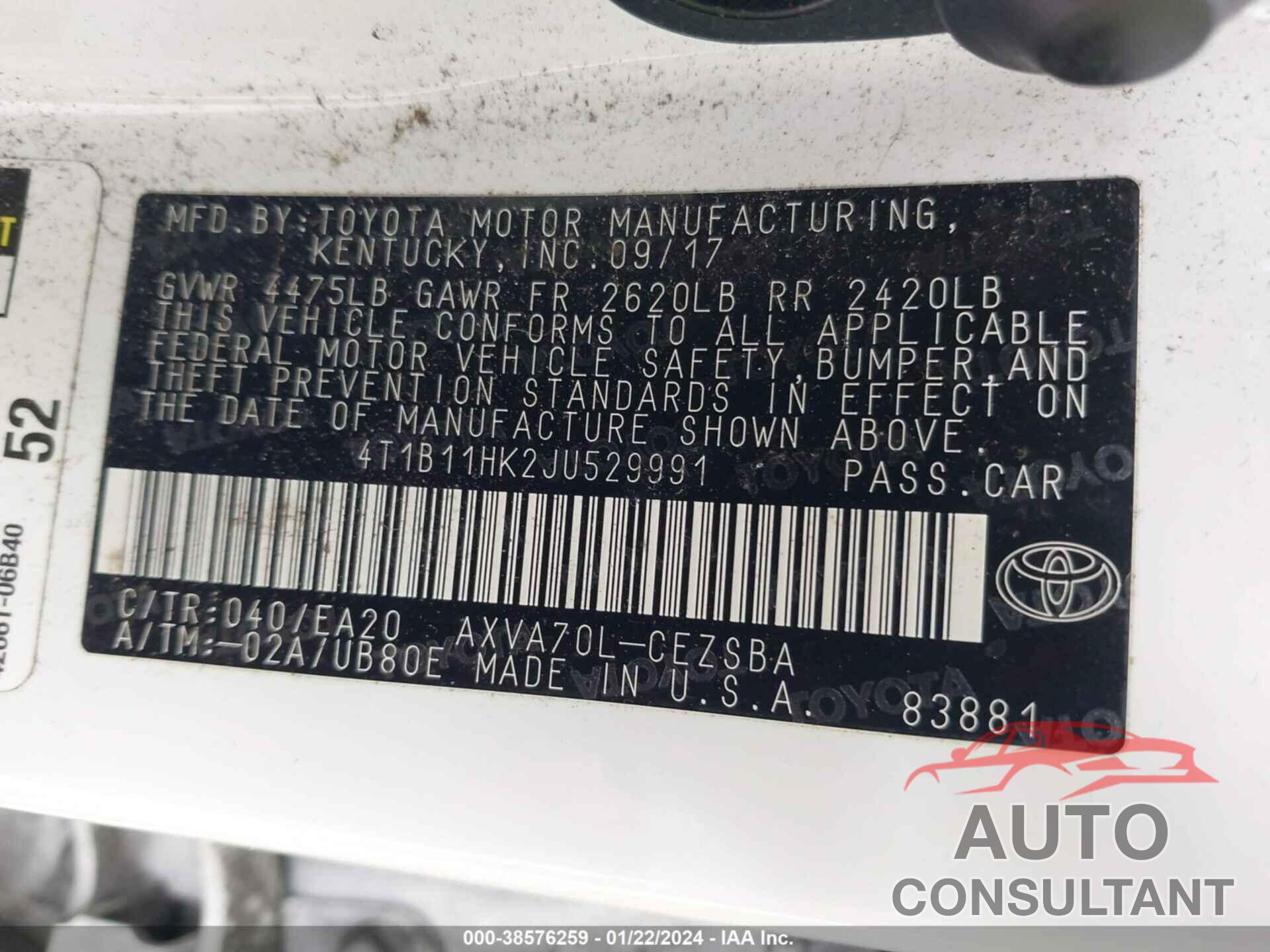 TOYOTA CAMRY 2018 - 4T1B11HK2JU529991