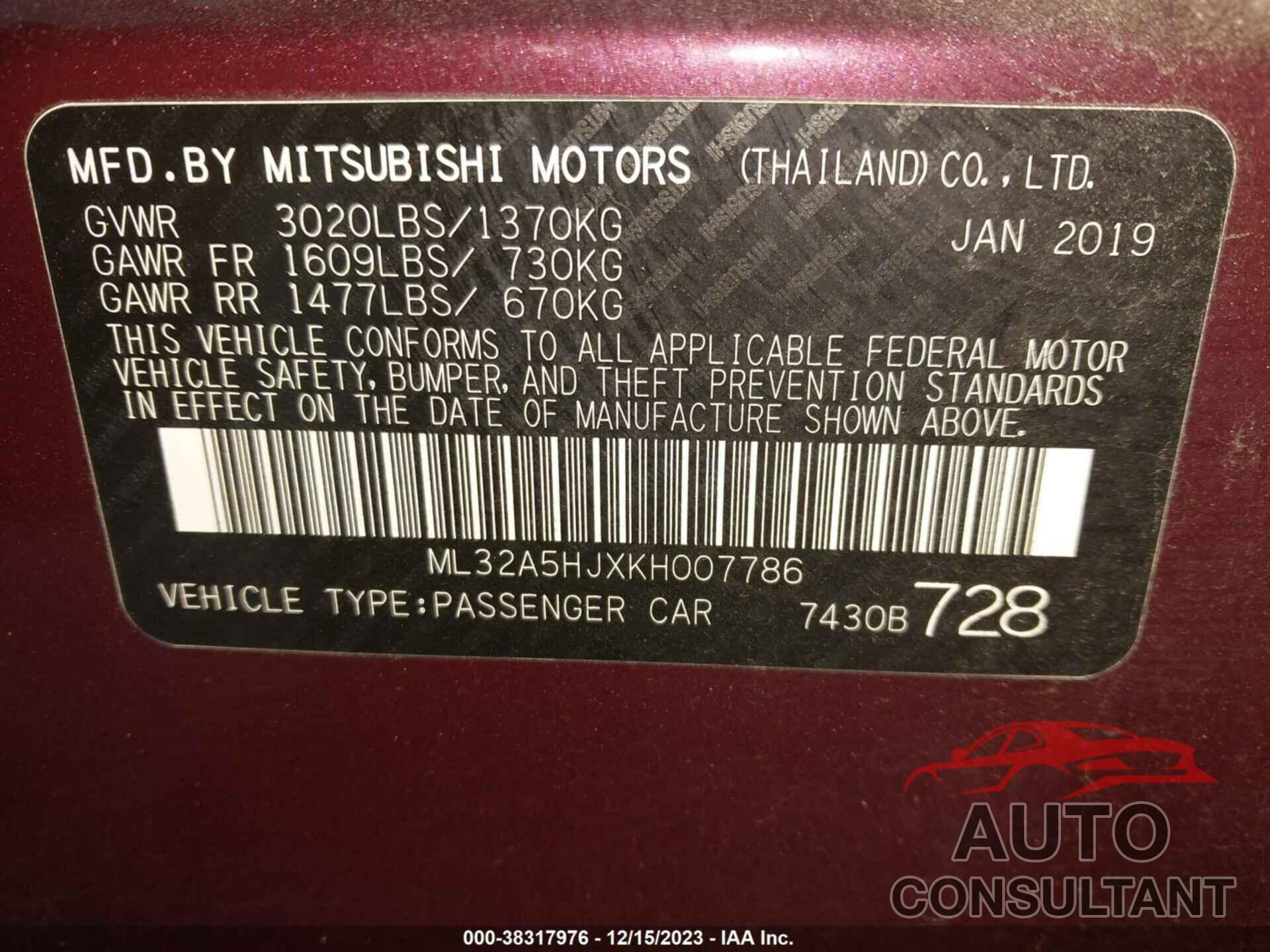 MITSUBISHI MIRAGE 2019 - ML32A5HJXKH007786