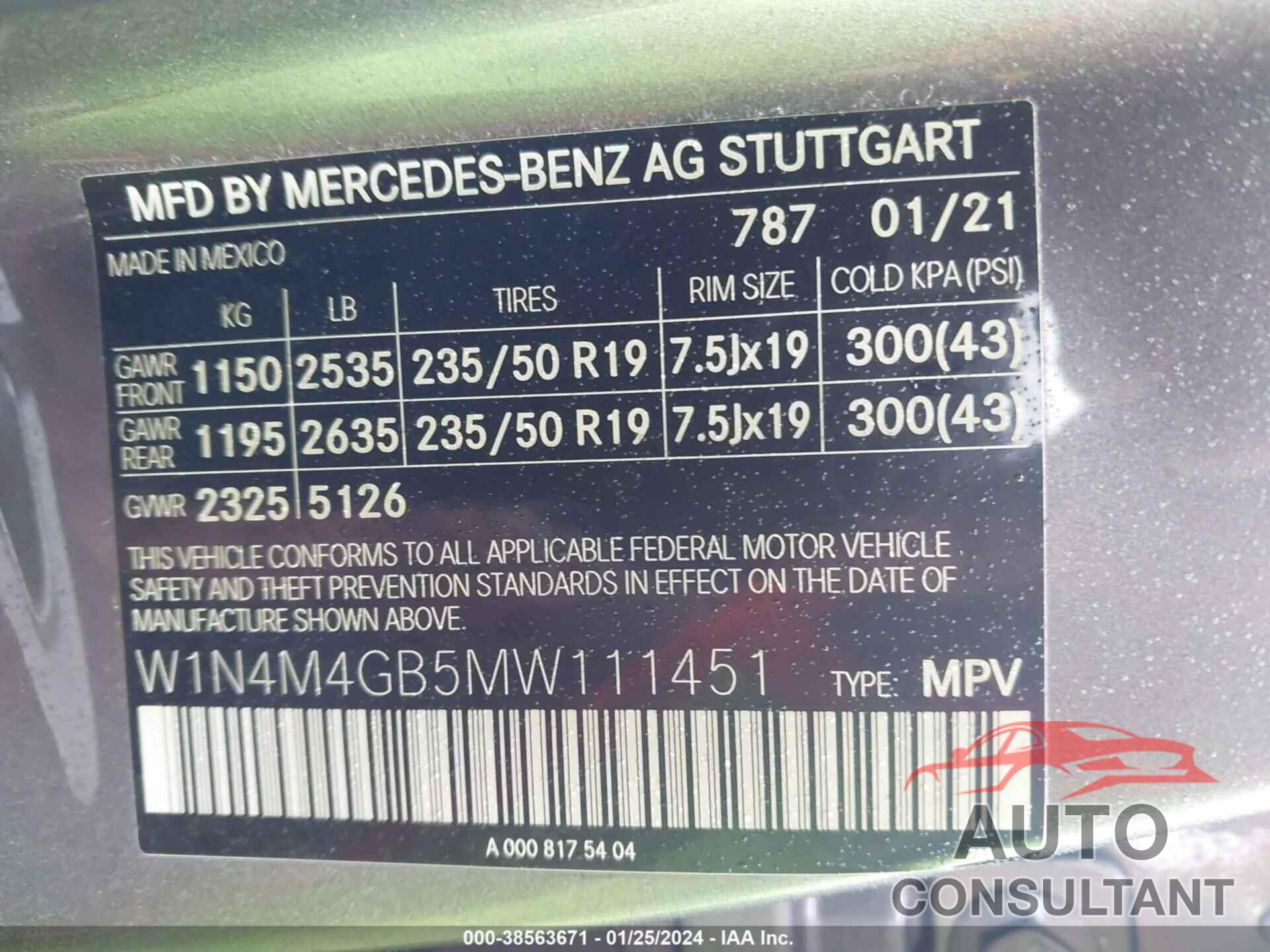 MERCEDES-BENZ GLB 250 2021 - W1N4M4GB5MW111451