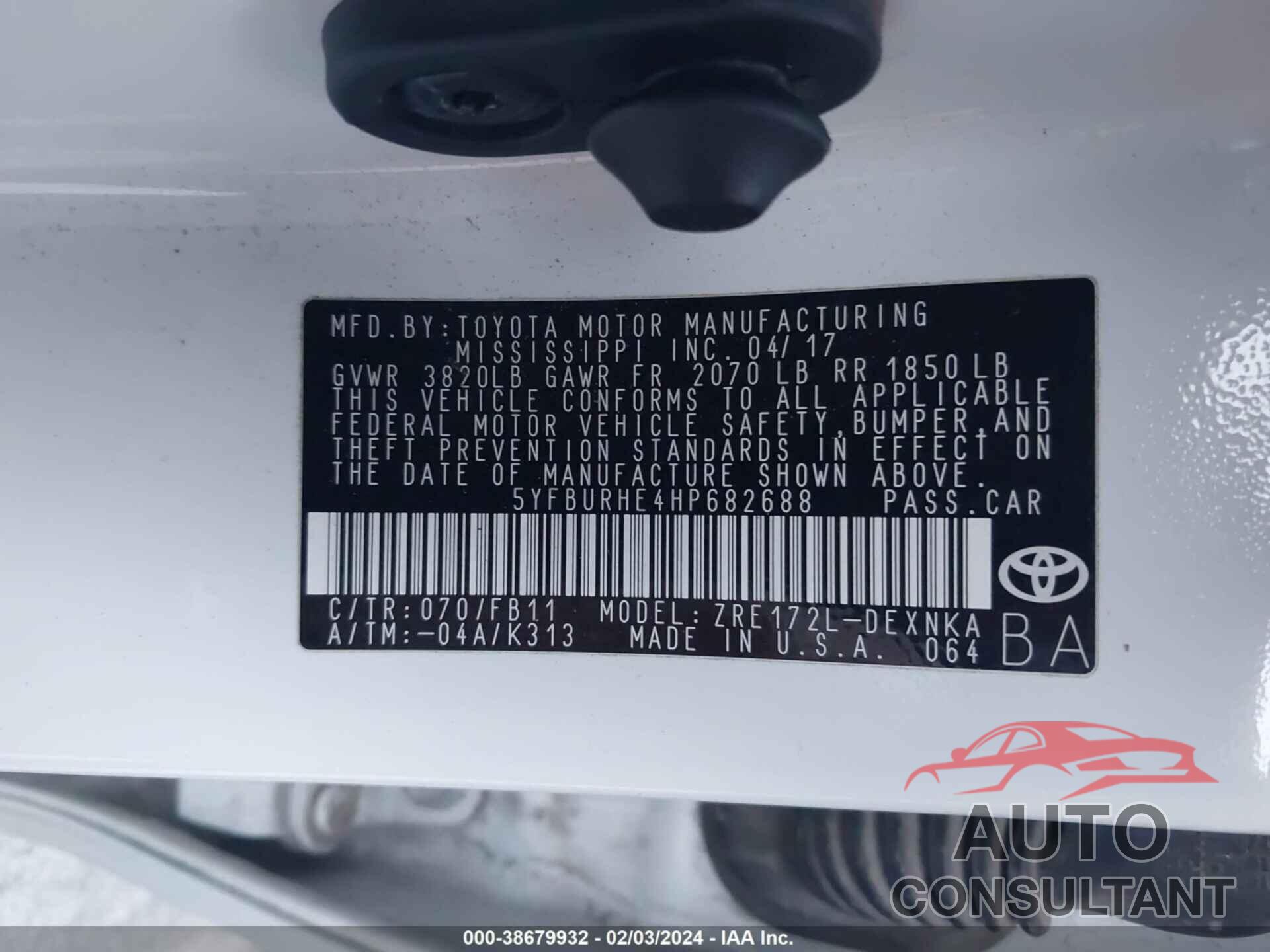 TOYOTA COROLLA 2017 - 5YFBURHE4HP682688