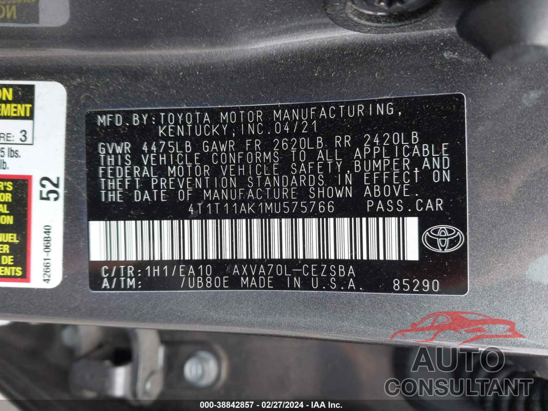 TOYOTA CAMRY 2021 - 4T1T11AK1MU575766