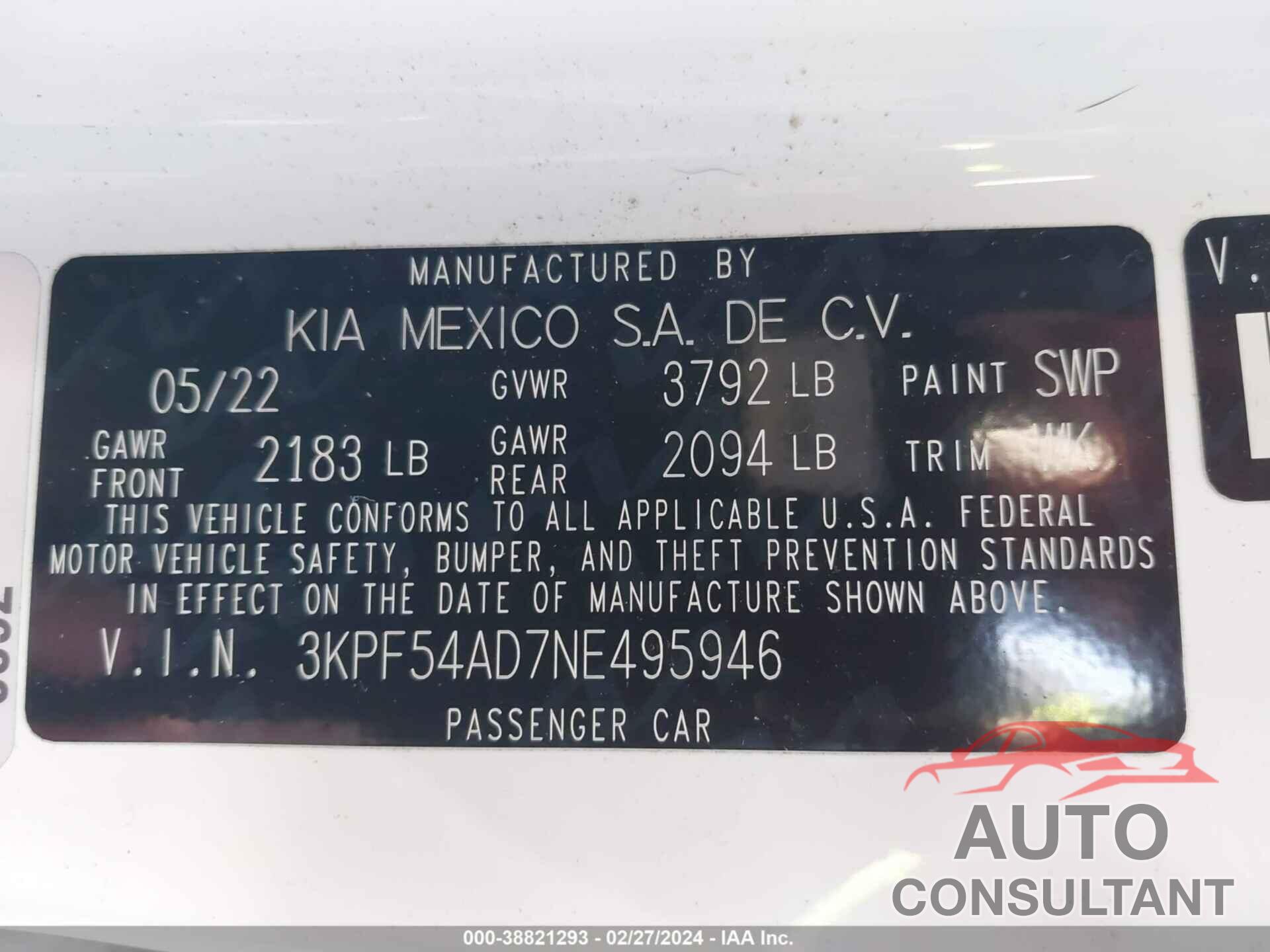 KIA FORTE 2022 - 3KPF54AD7NE495946