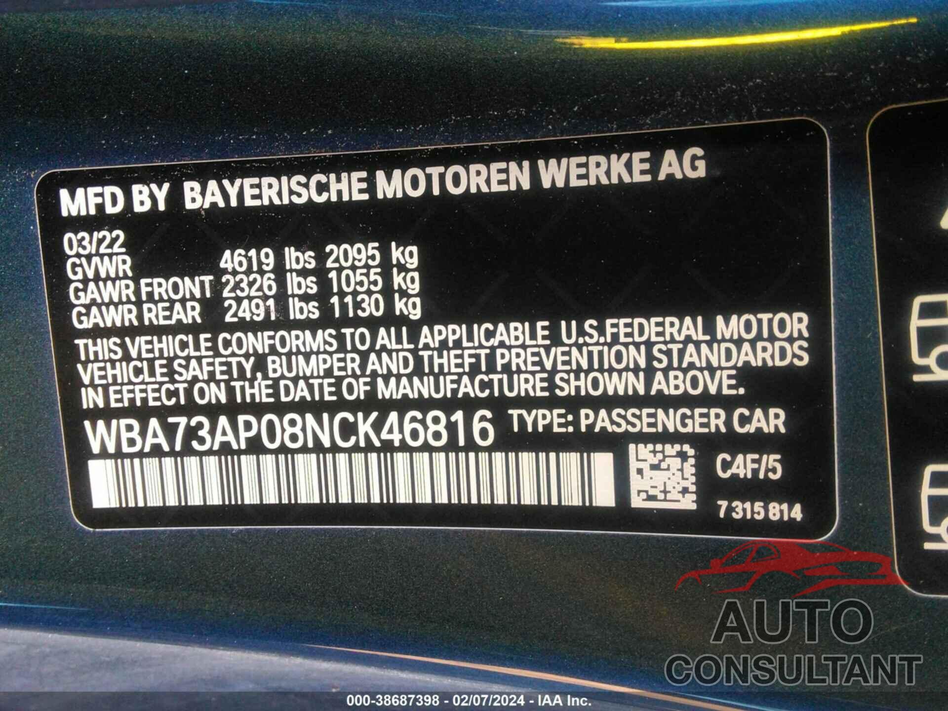 BMW 430XI 2022 - WBA73AP08NCK46816