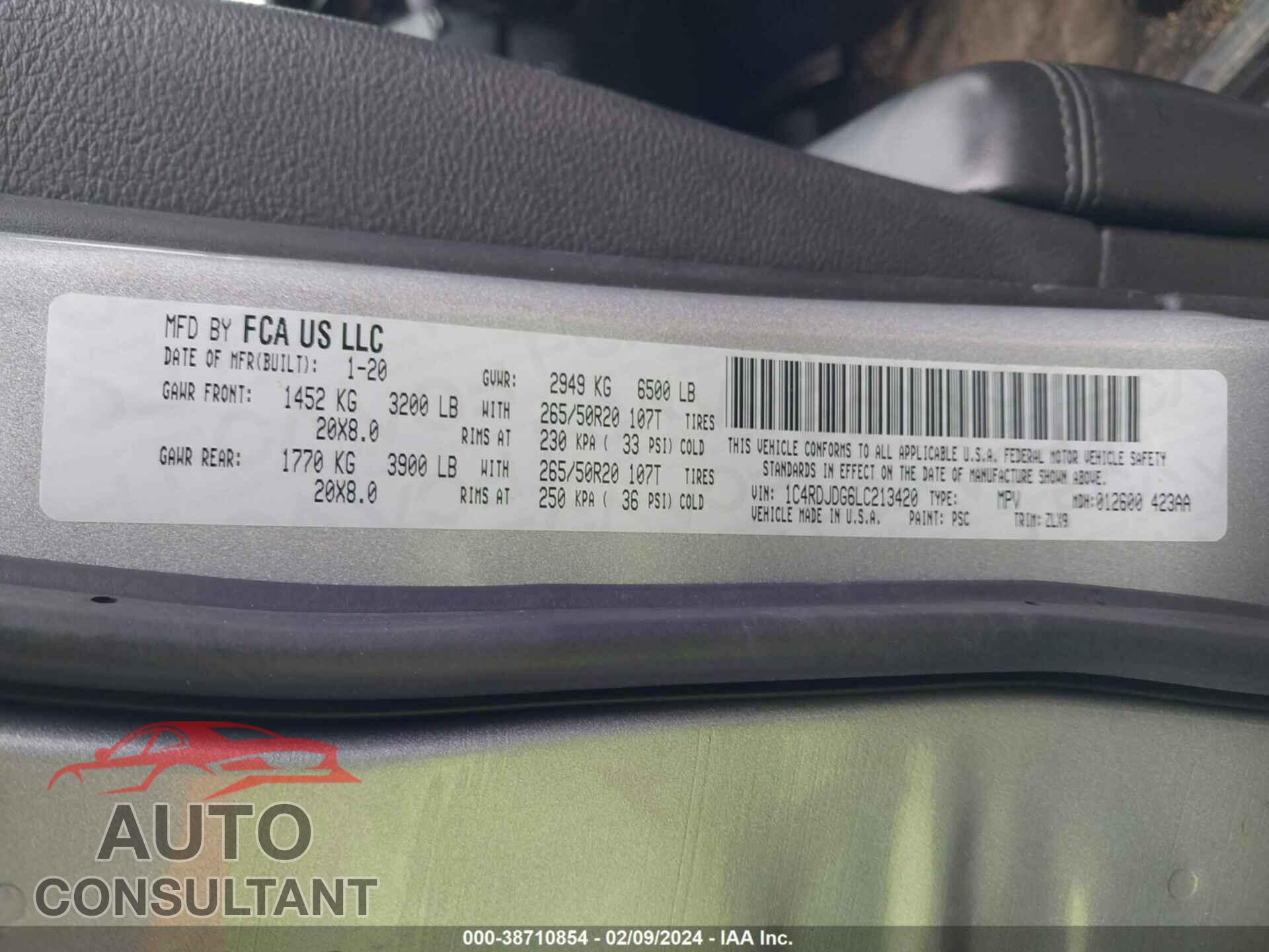 DODGE DURANGO 2020 - 1C4RDJDG6LC213420