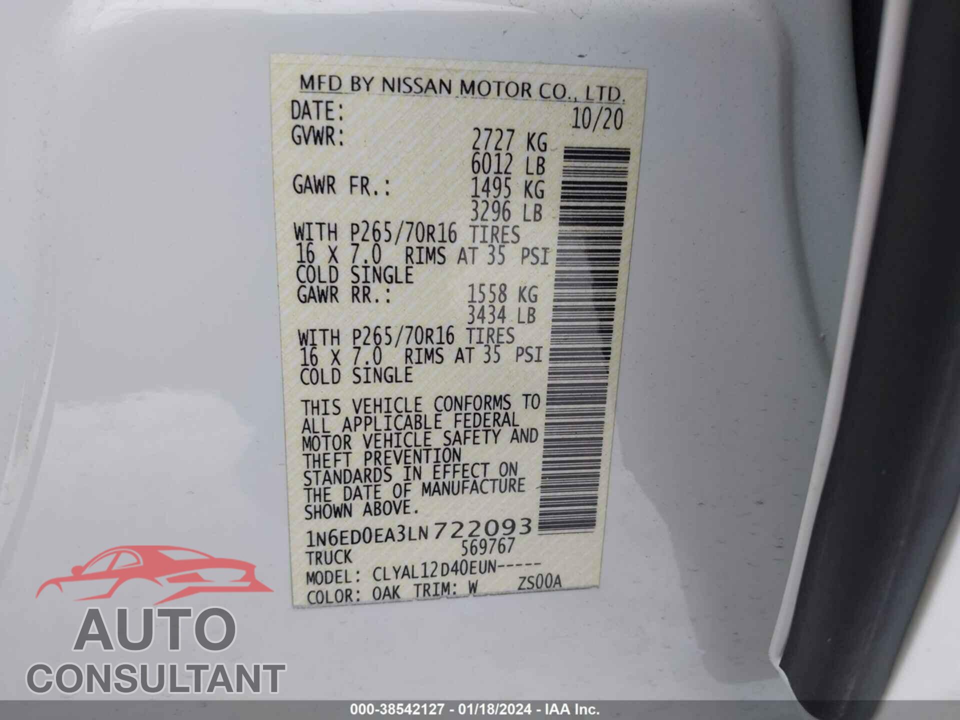 NISSAN FRONTIER 2020 - 1N6ED0EA3LN722093