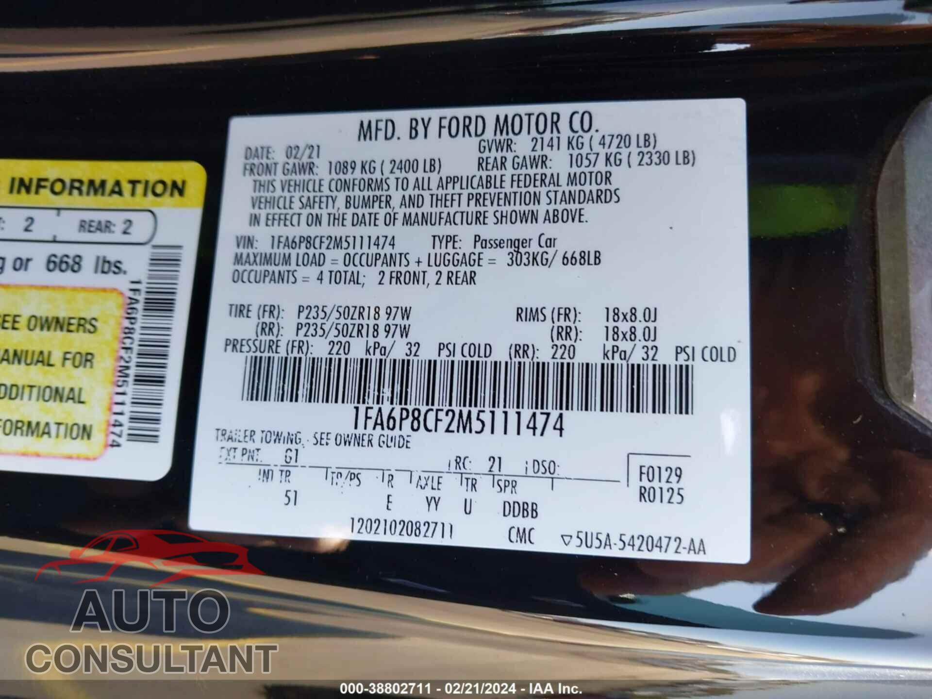 FORD MUSTANG 2021 - 1FA6P8CF2M5111474