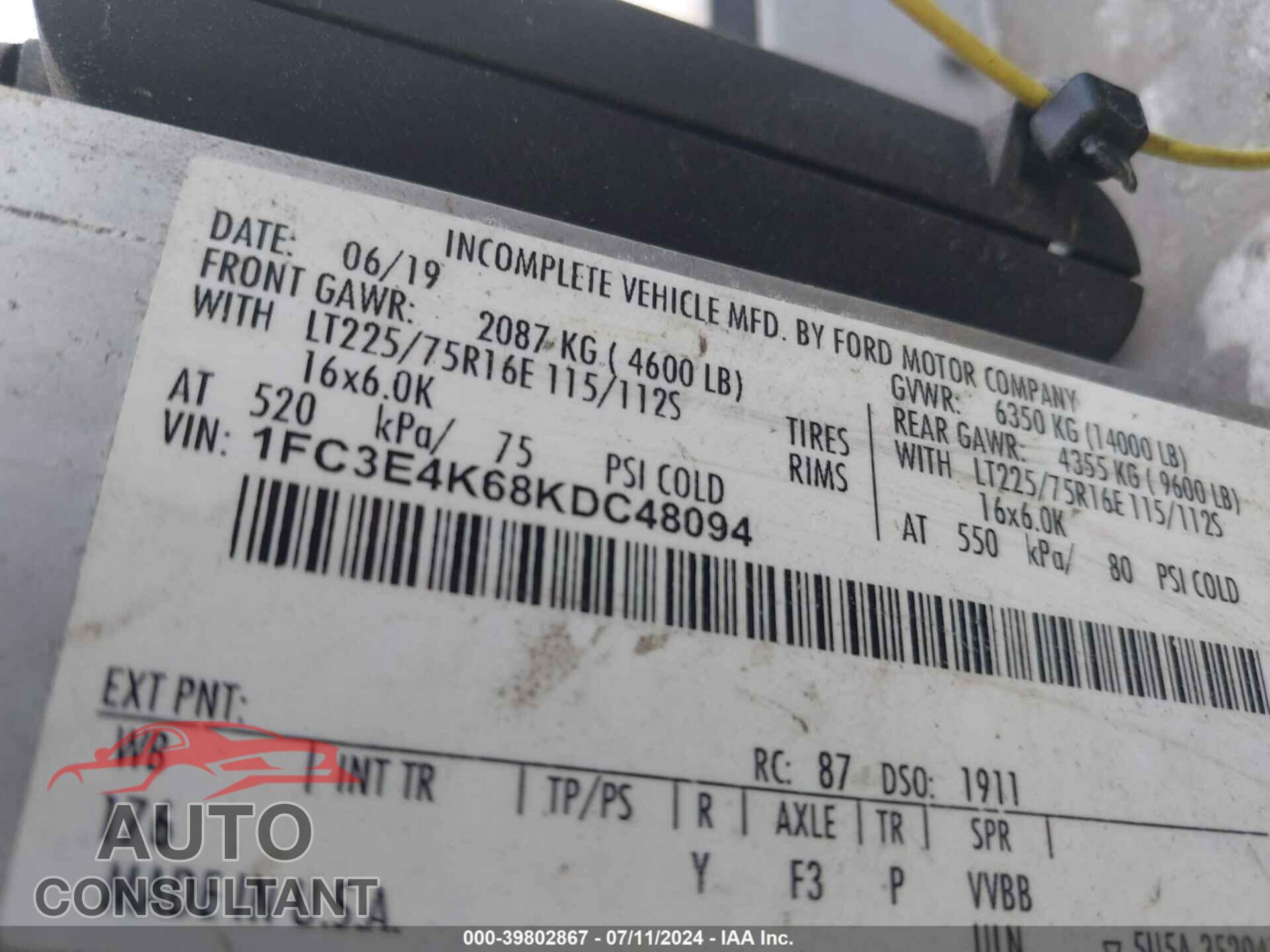 FORD E-450 STRIPPED 2019 - 1FC3E4K68KDC48094