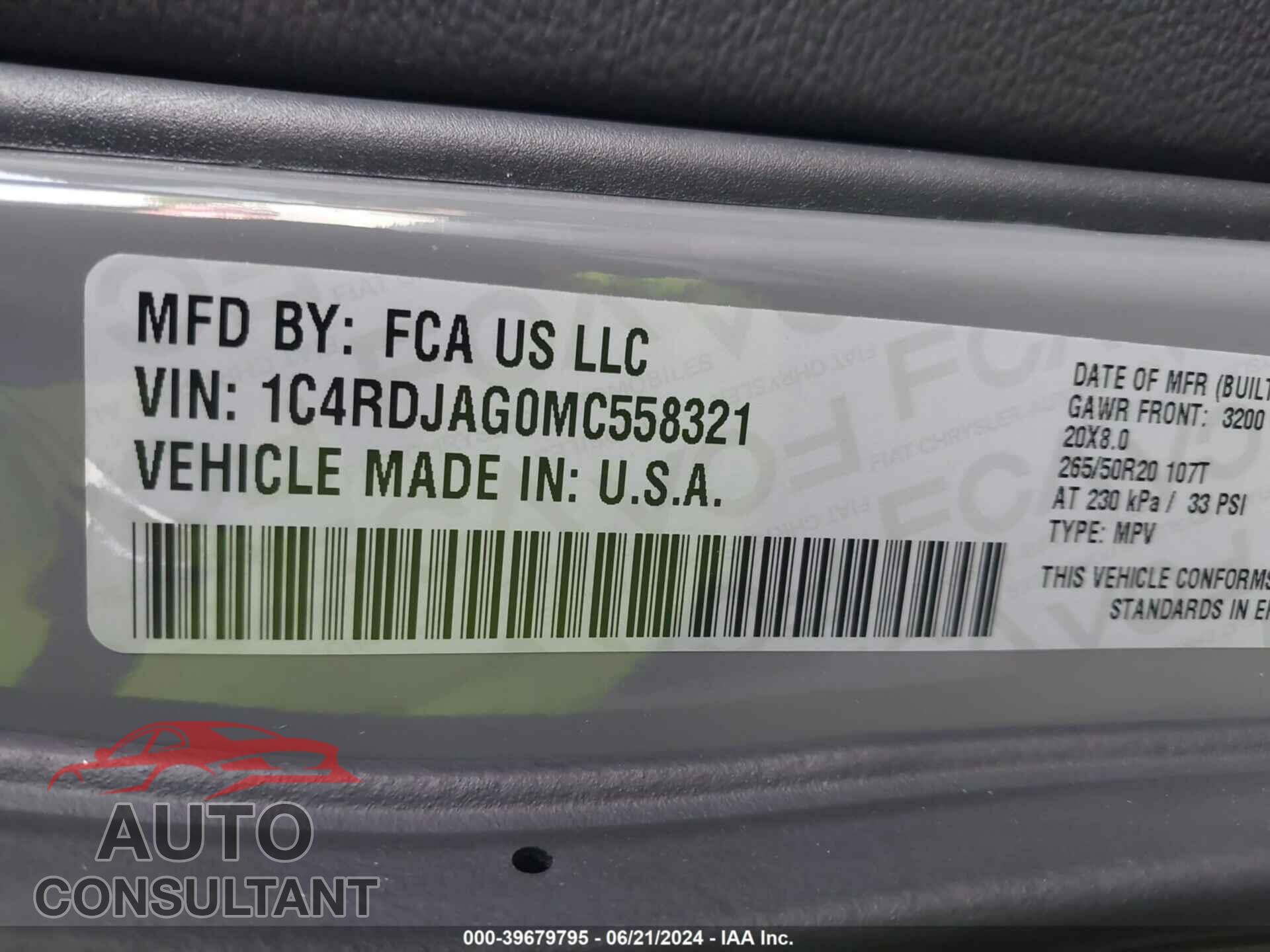 DODGE DURANGO 2021 - 1C4RDJAG0MC558321
