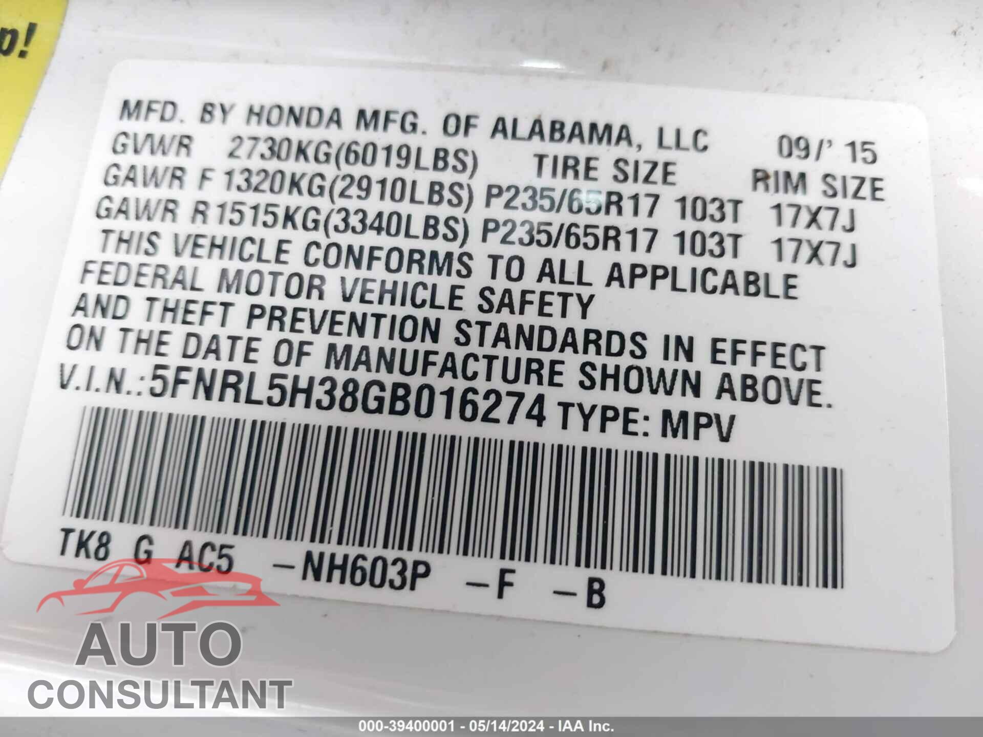 HONDA ODYSSEY 2016 - 5FNRL5H38GB016274