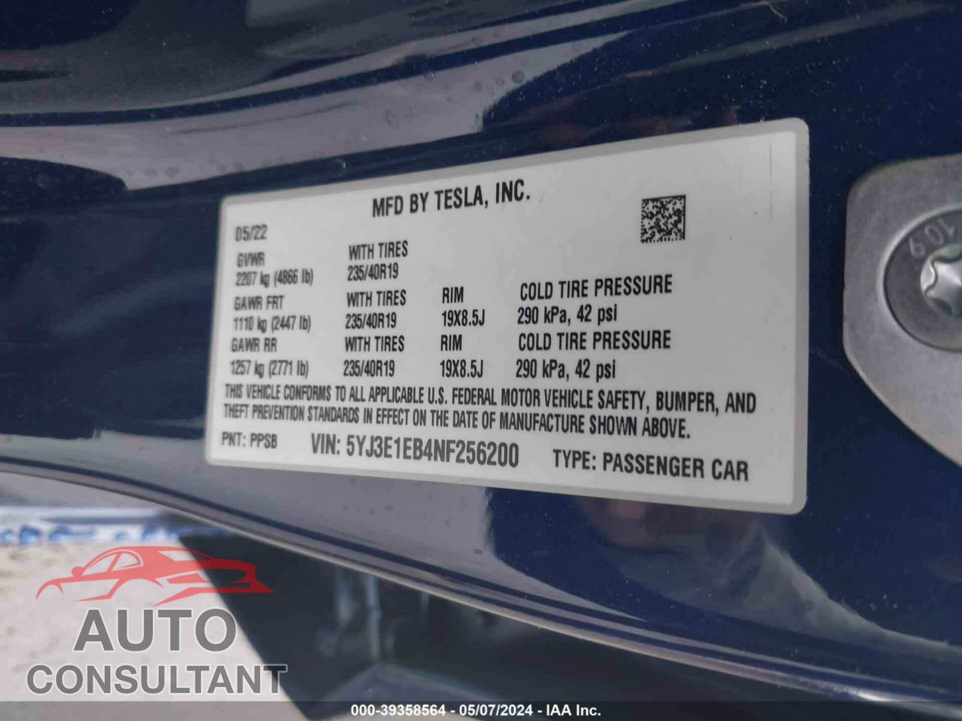 TESLA MODEL 3 2022 - 5YJ3E1EB4NF256200
