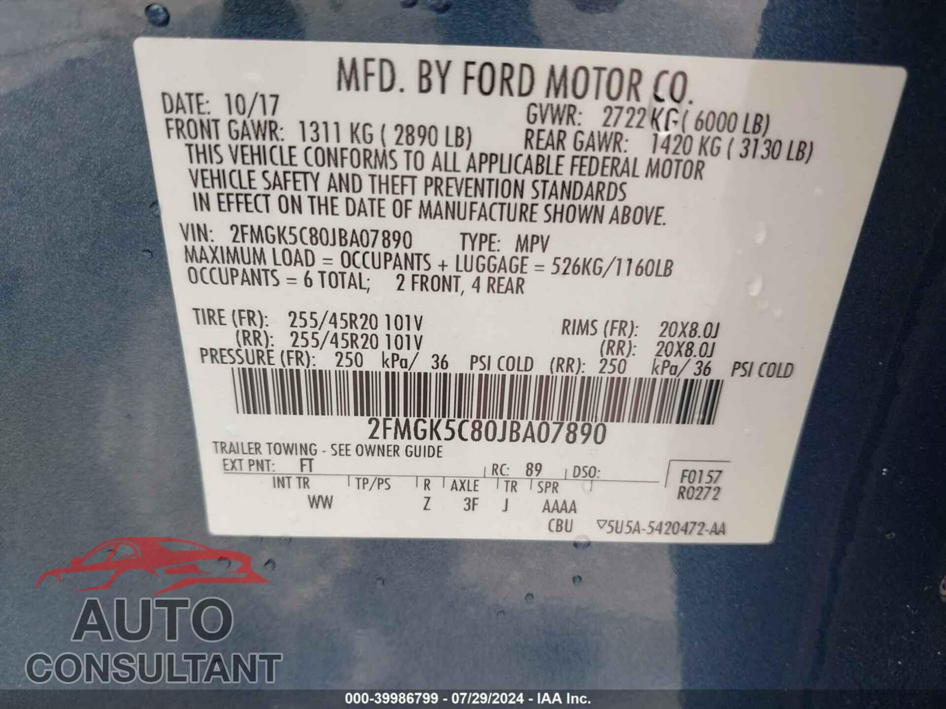 FORD FLEX 2018 - 2FMGK5C80JBA07890