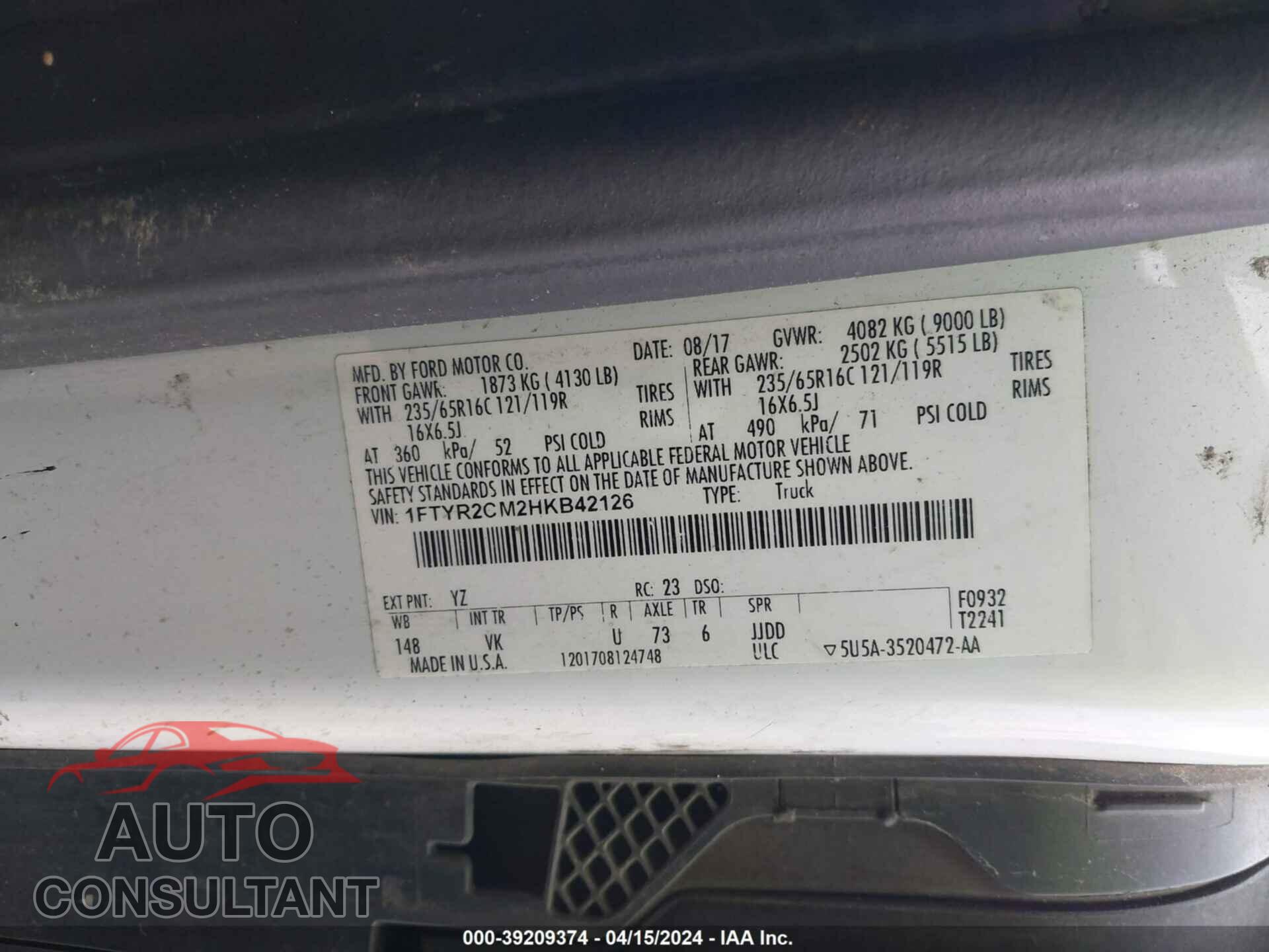 FORD TRANSIT-250 2017 - 1FTYR2CM2HKB42126