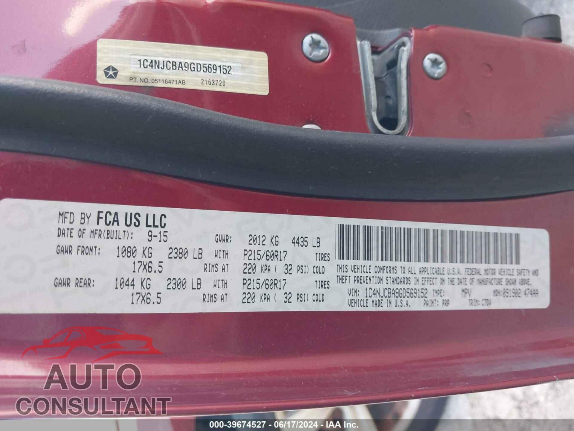 JEEP COMPASS 2016 - 1C4NJCBA9GD569152