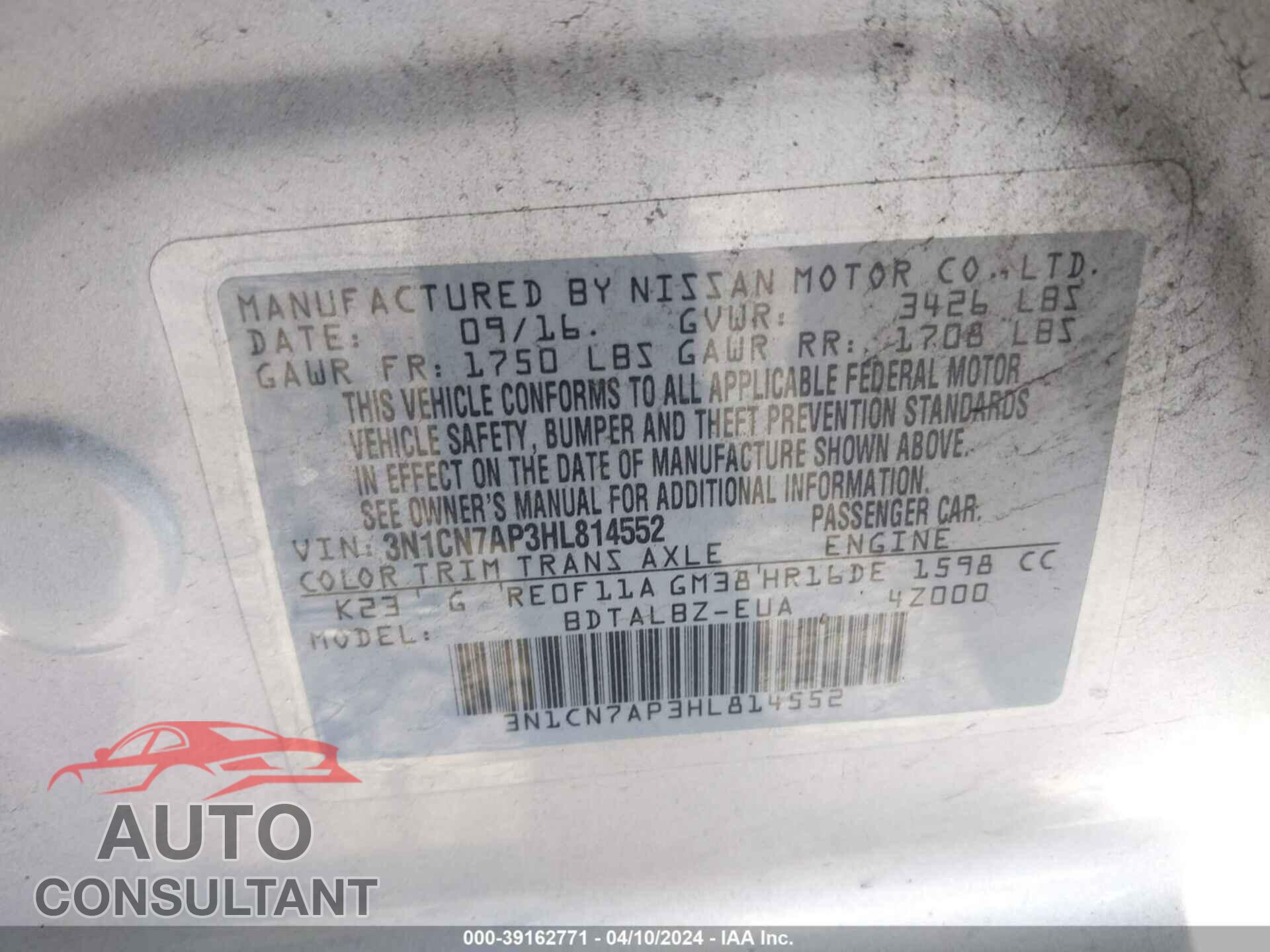 NISSAN VERSA 2017 - 3N1CN7AP3HL814552