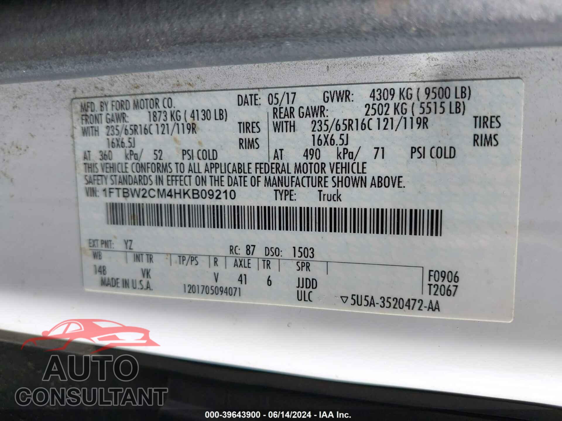 FORD TRANSIT-350 2017 - 1FTBW2CM4HKB09210