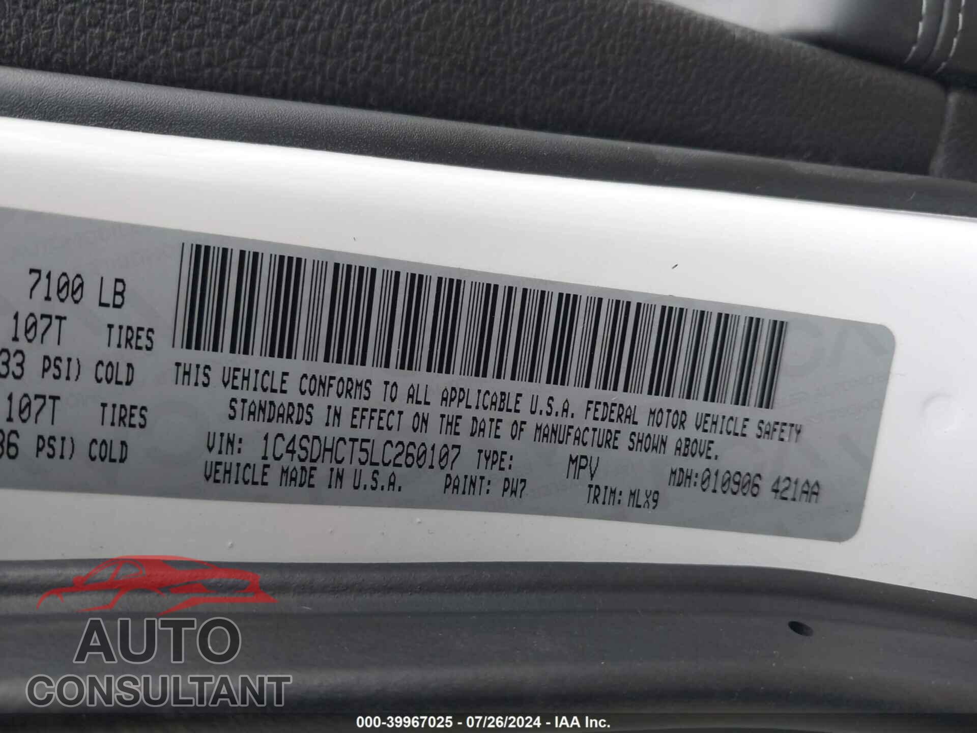 DODGE DURANGO 2020 - 1C4SDHCT5LC260107
