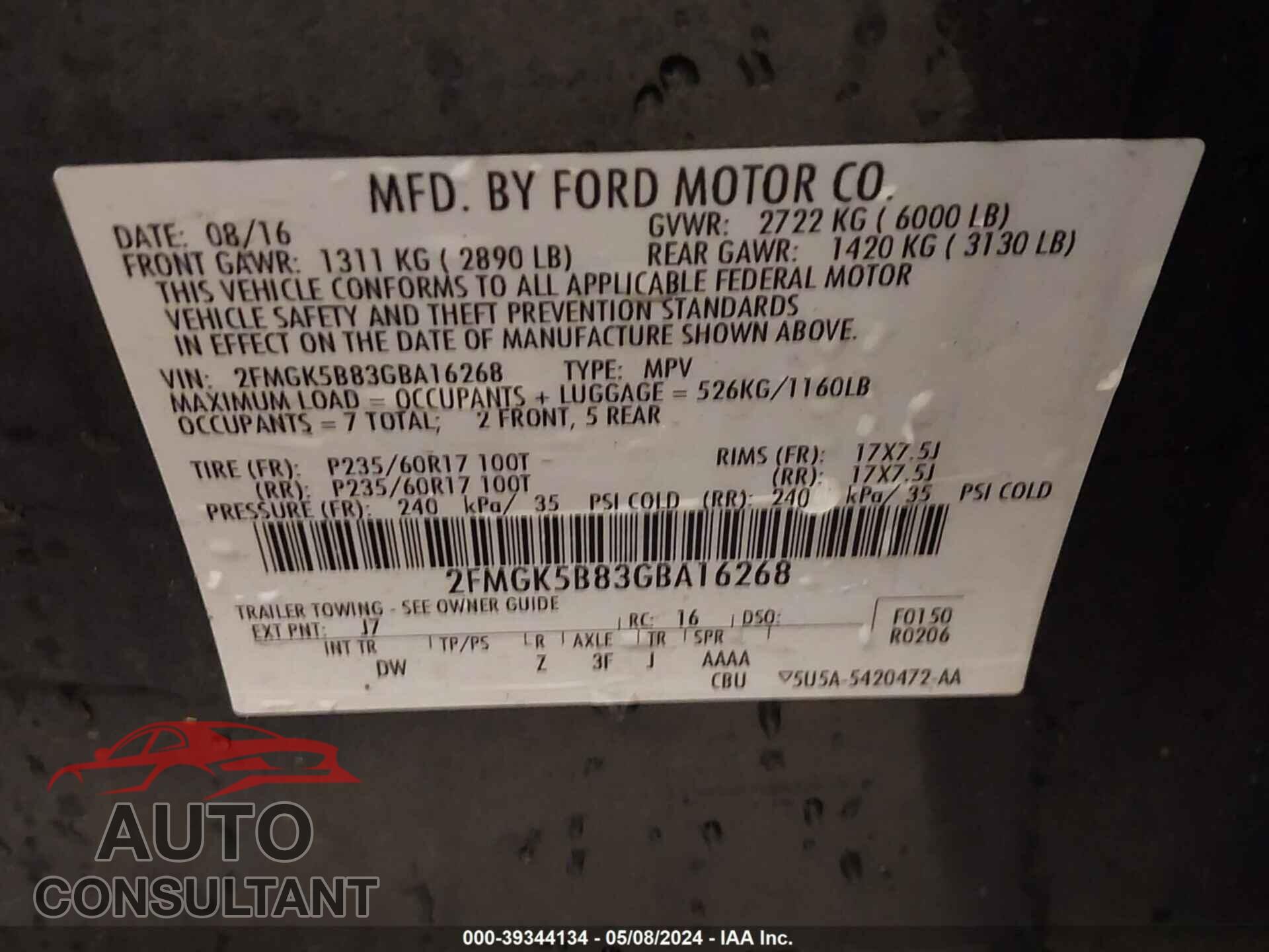 FORD FLEX 2016 - 2FMGK5B83GBA16268