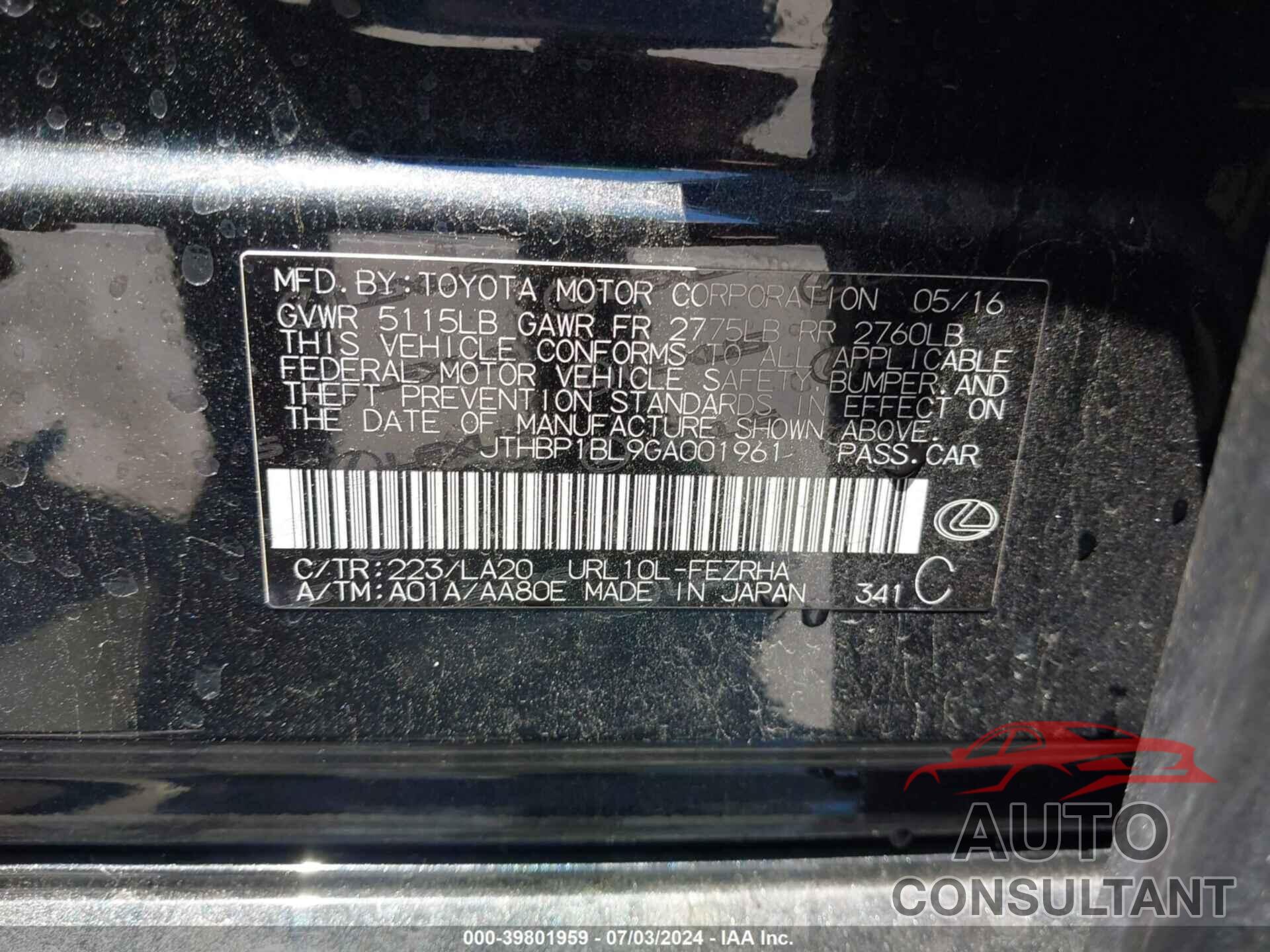 LEXUS GS F 2016 - JTHBP1BL9GA001961