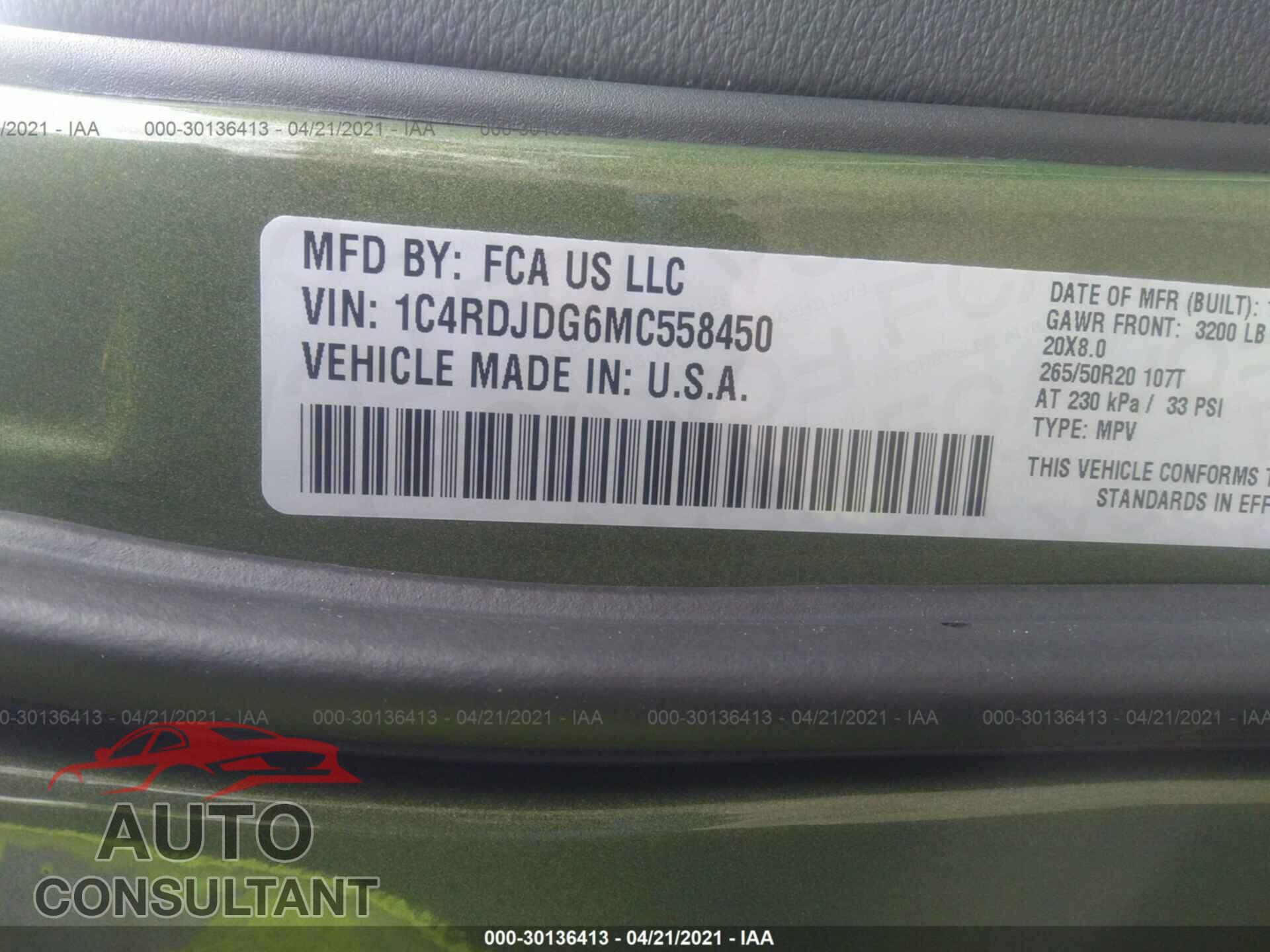 DODGE DURANGO 2021 - 1C4RDJDG6MC558450