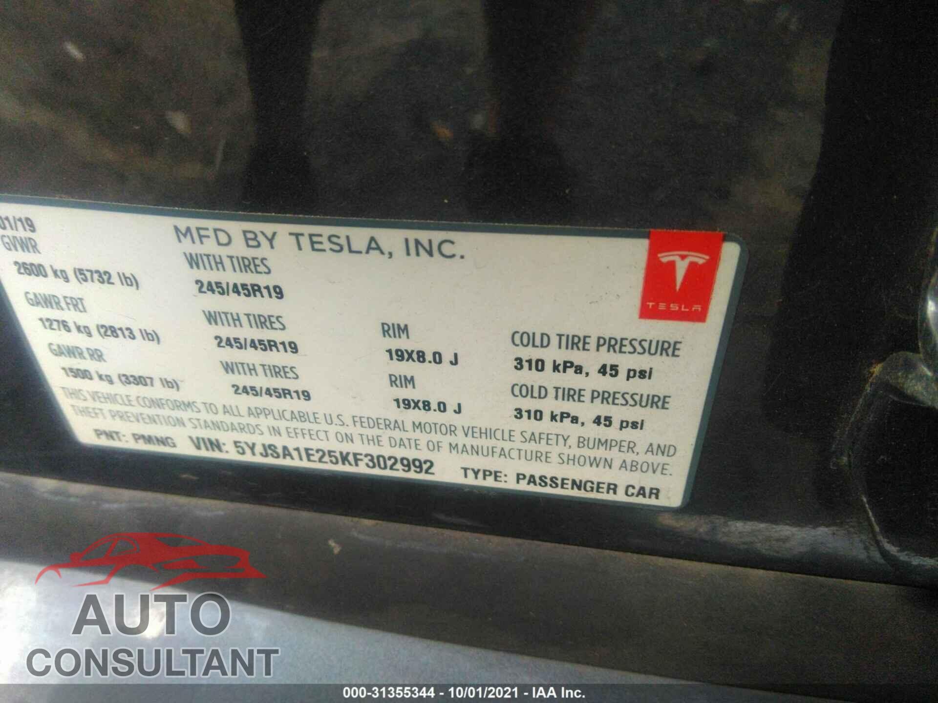 TESLA MODEL S 2019 - 5YJSA1E25KF302992