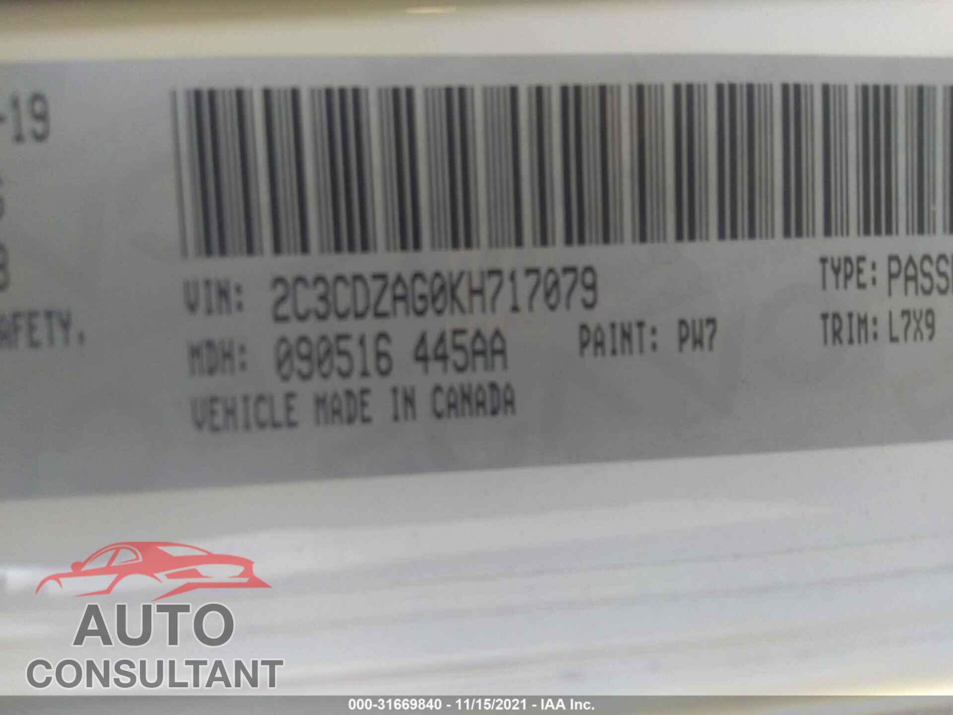 DODGE CHALLENGER 2019 - 2C3CDZAG0KH717079