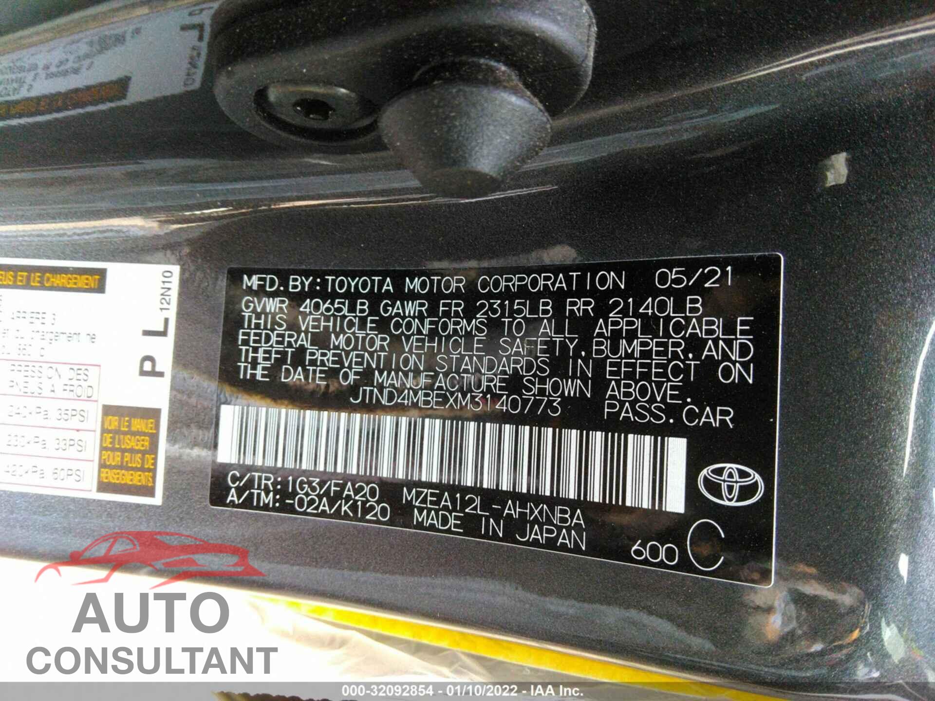 TOYOTA COROLLA HATCHBACK 2021 - JTND4MBEXM3140773