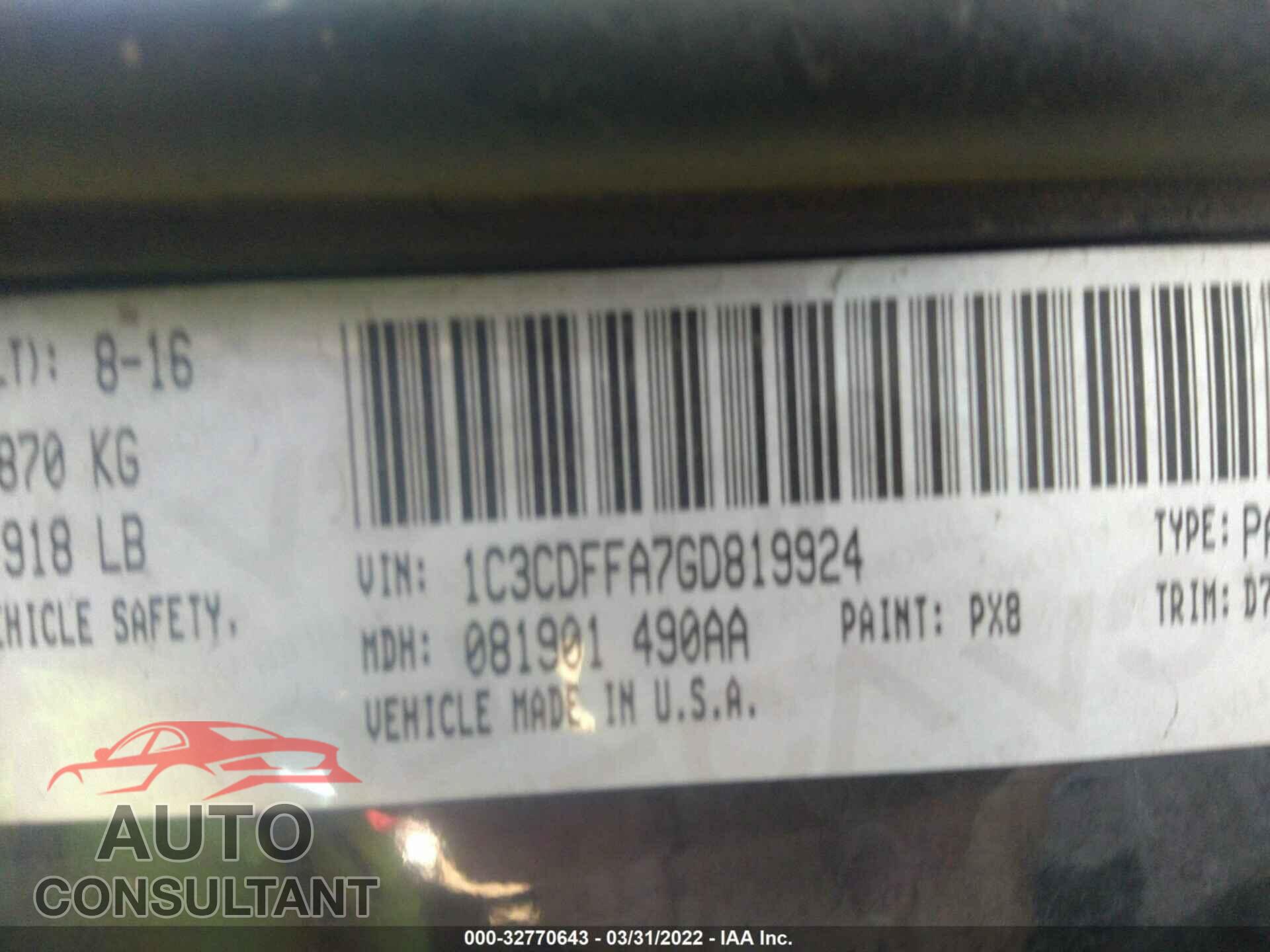 DODGE DART 2016 - 1C3CDFFA7GD819924