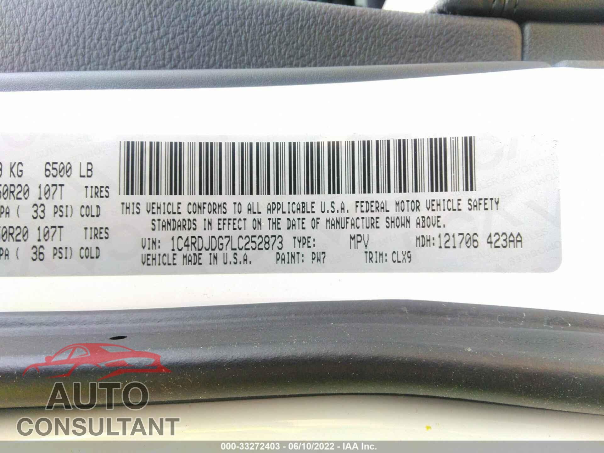 DODGE DURANGO 2020 - 1C4RDJDG7LC252873