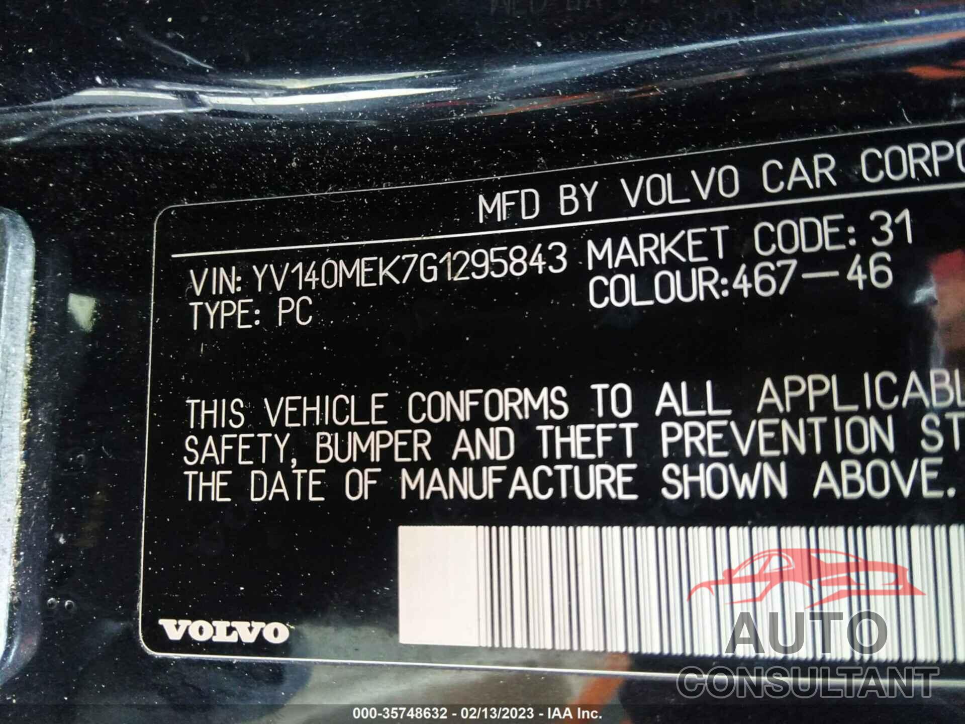 VOLVO V60 2016 - YV140MEK7G1295843