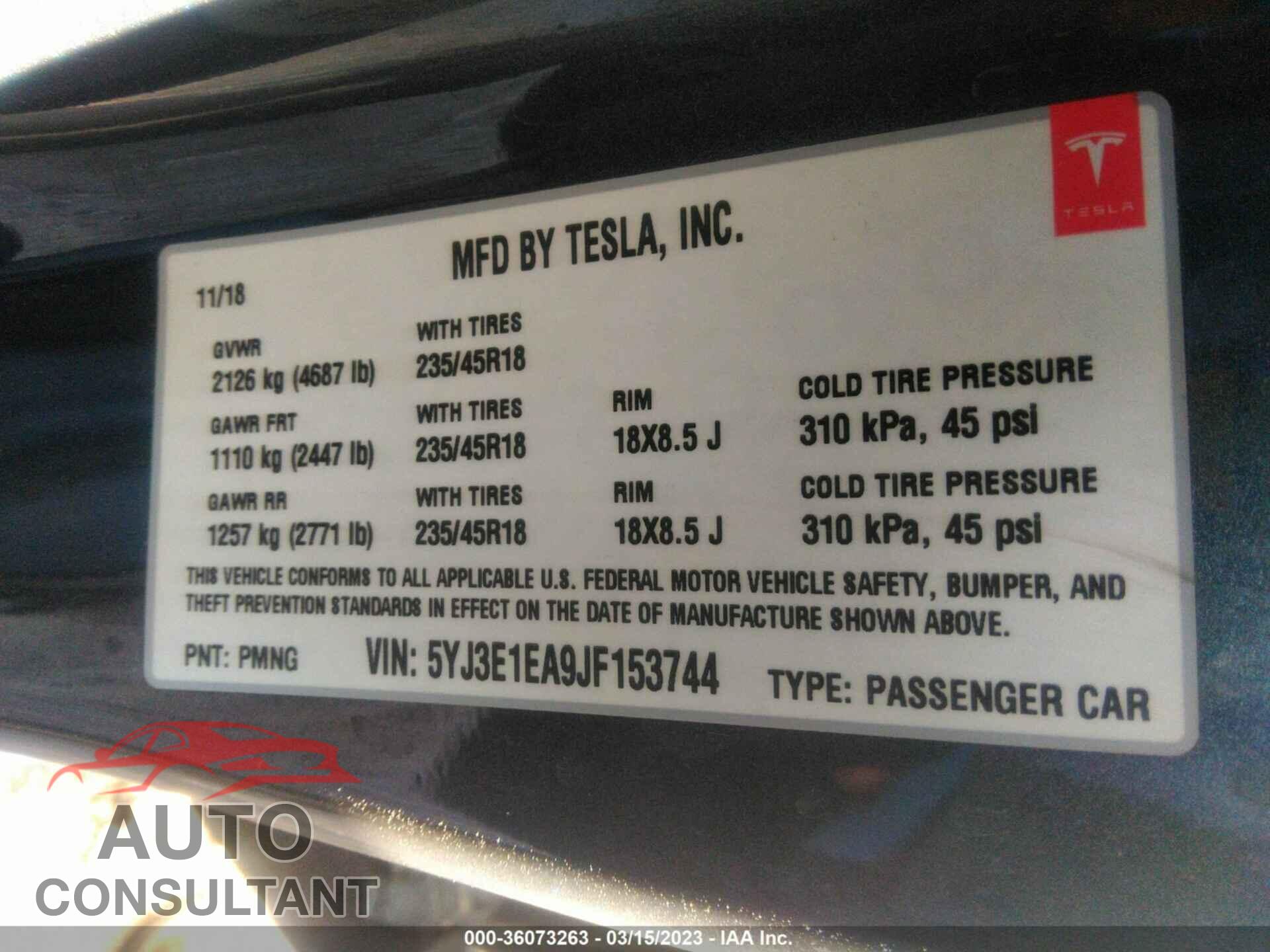 TESLA MODEL 3 2018 - 5YJ3E1EA9JF153744