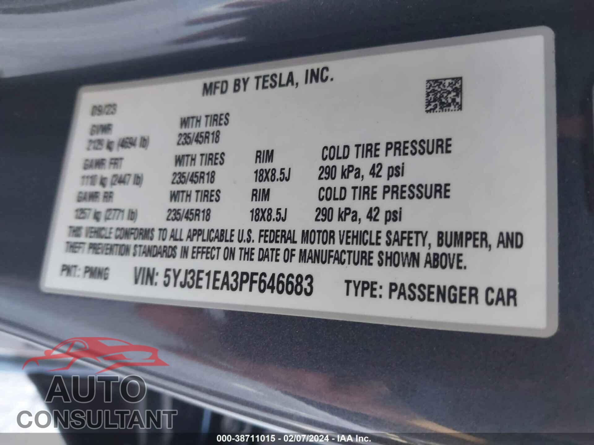 TESLA MODEL 3 2023 - 5YJ3E1EA3PF646683