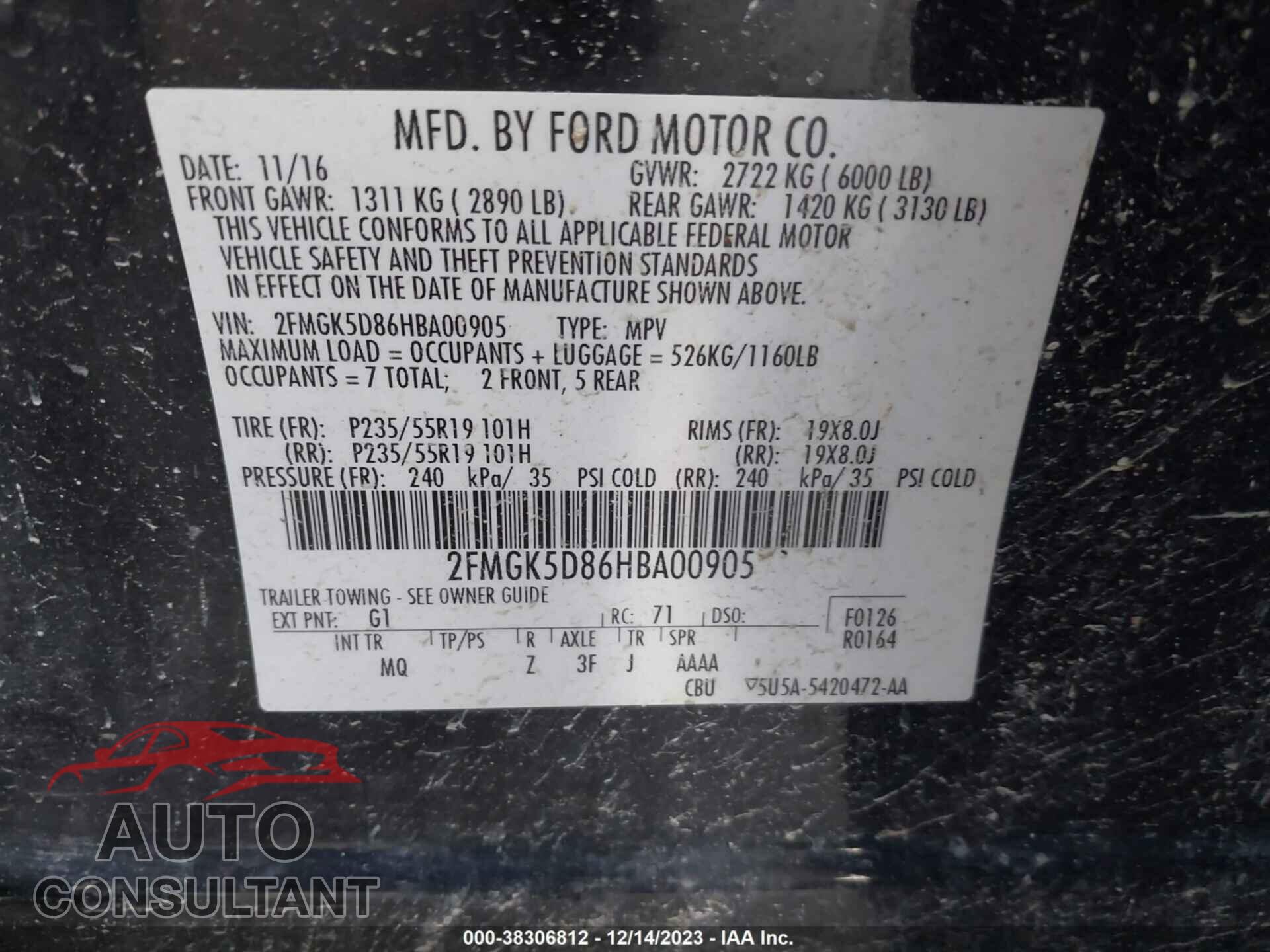 FORD FLEX 2017 - 2FMGK5D86HBA00905