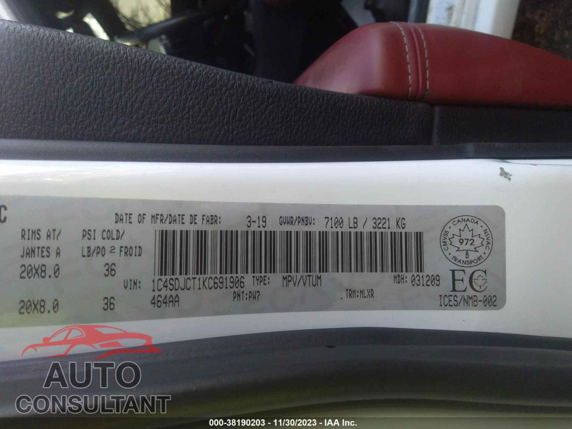 DODGE DURANGO 2019 - 1C4SDJCT1KC691906