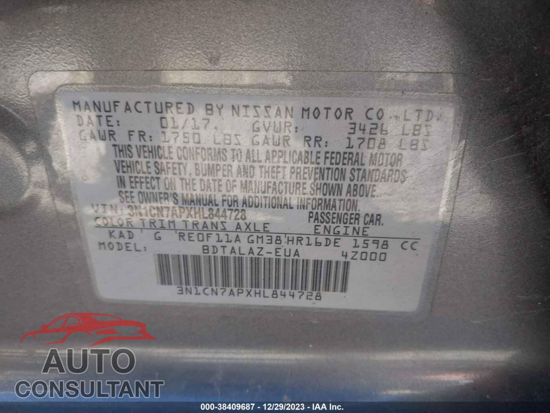 NISSAN VERSA 2017 - 3N1CN7APXHL844728