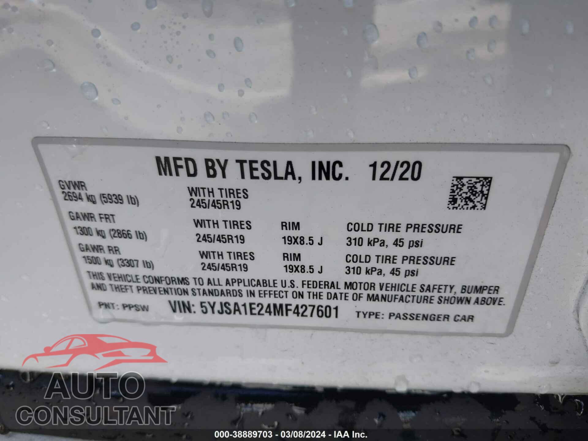 TESLA MODEL S 2021 - 5YJSA1E24MF427601