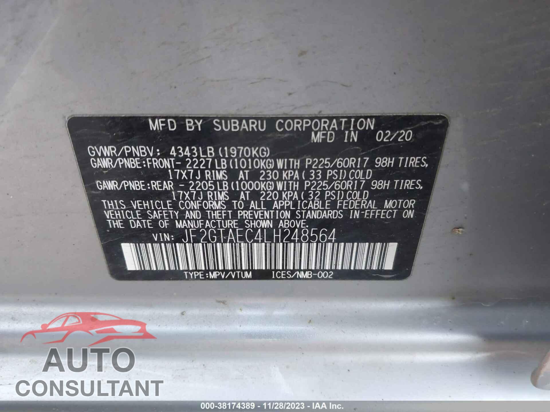 SUBARU CROSSTREK 2020 - JF2GTAEC4LH248564