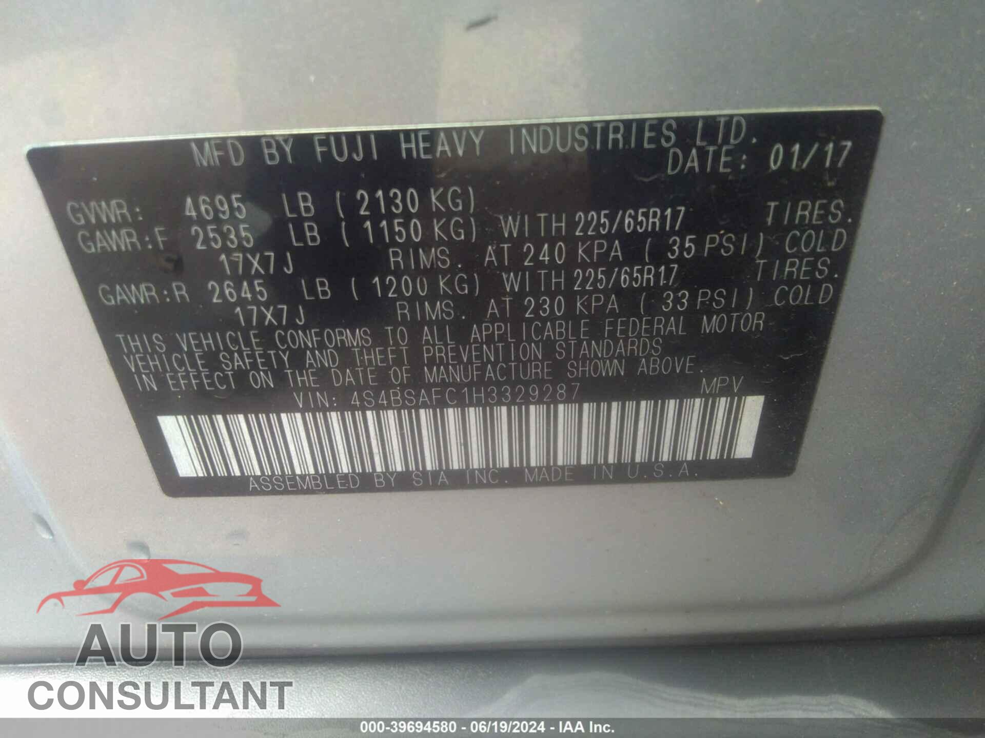 SUBARU OUTBACK 2017 - 4S4BSAFC1H3329287