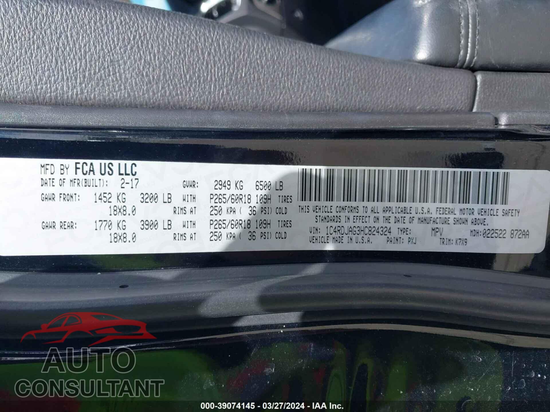 DODGE DURANGO 2017 - 1C4RDJAG3HC824324