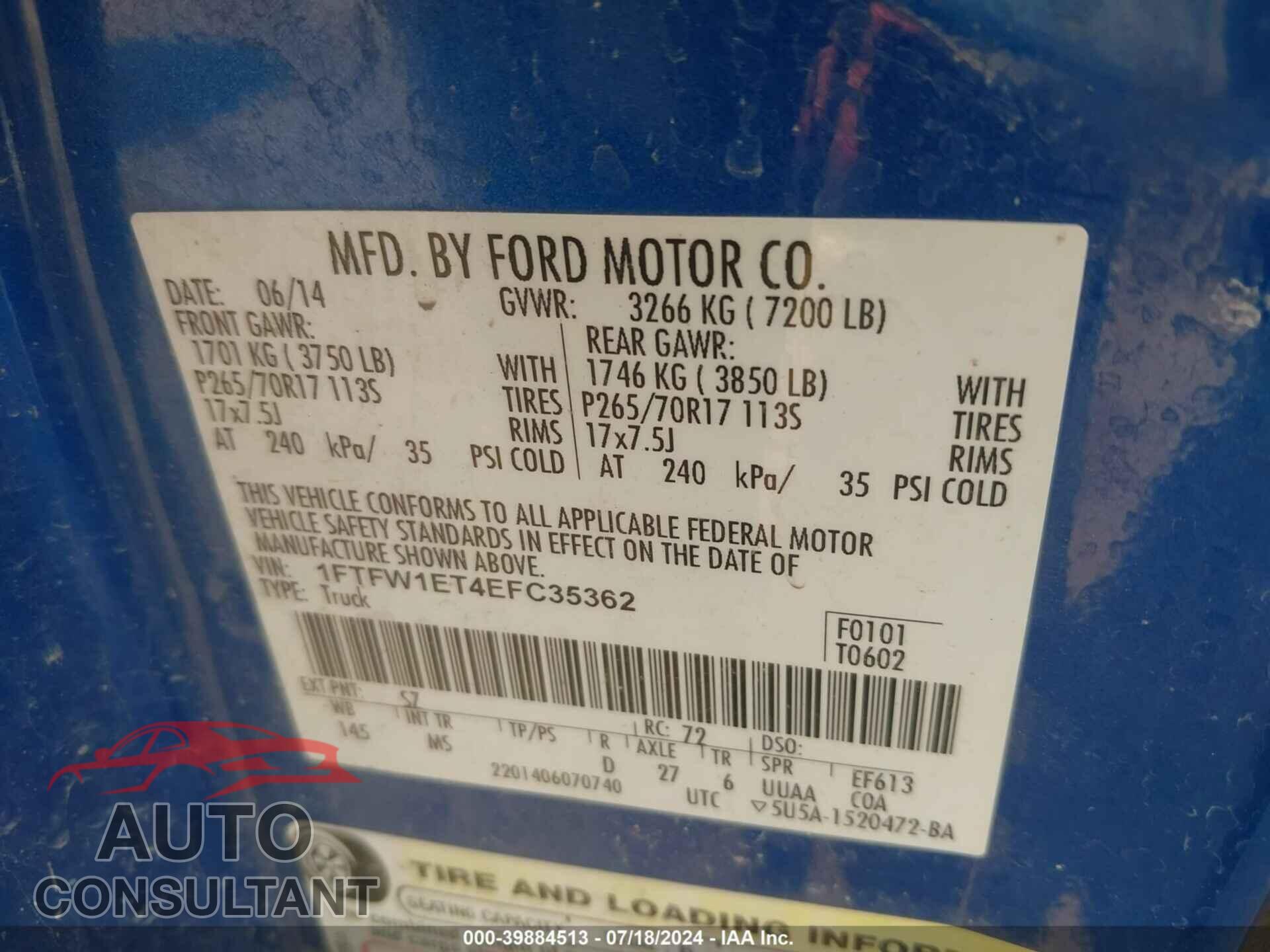 FORD F-150 2014 - 1FTFW1ET4EFC35362