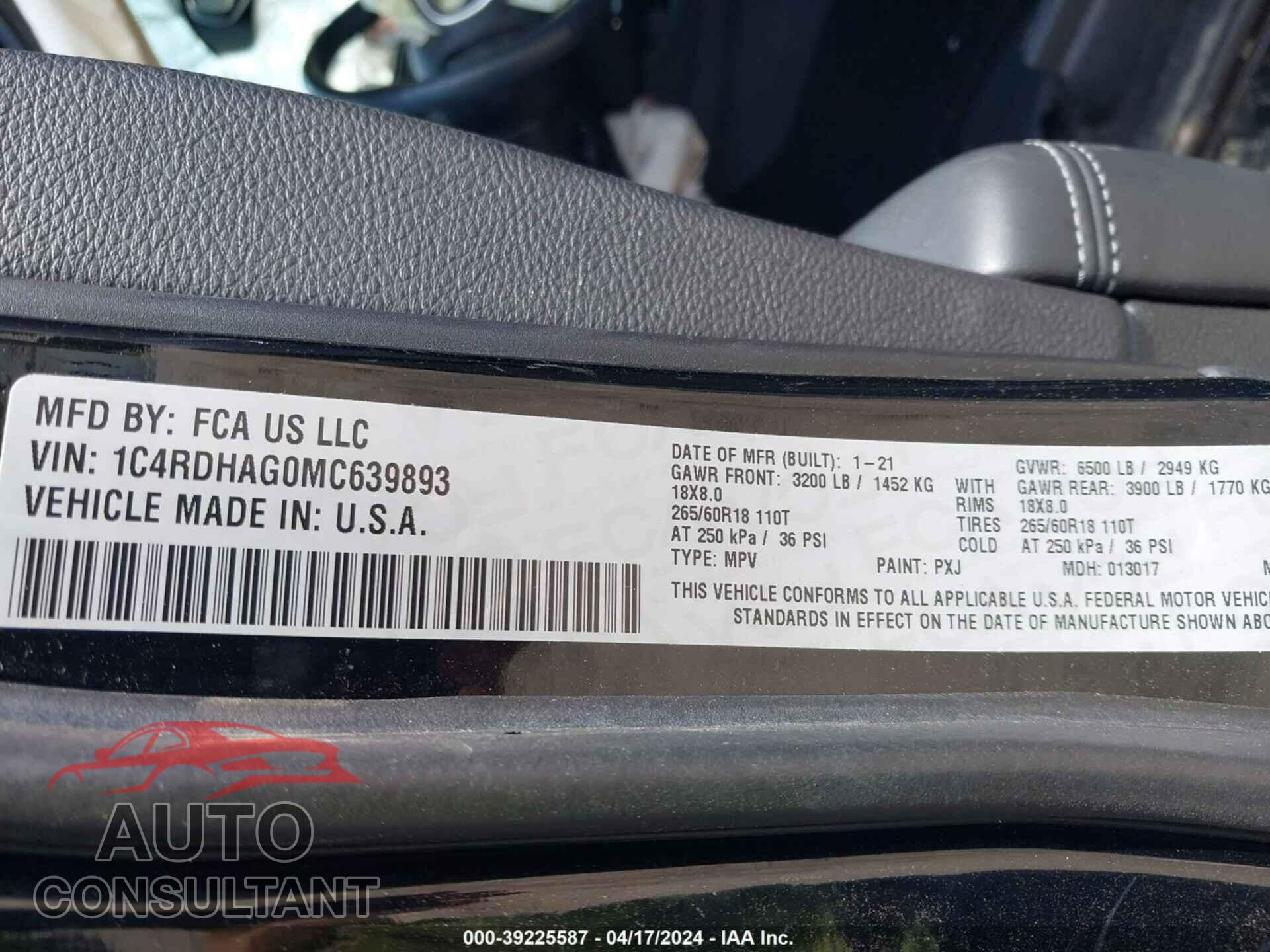 DODGE DURANGO 2021 - 1C4RDHAG0MC639893