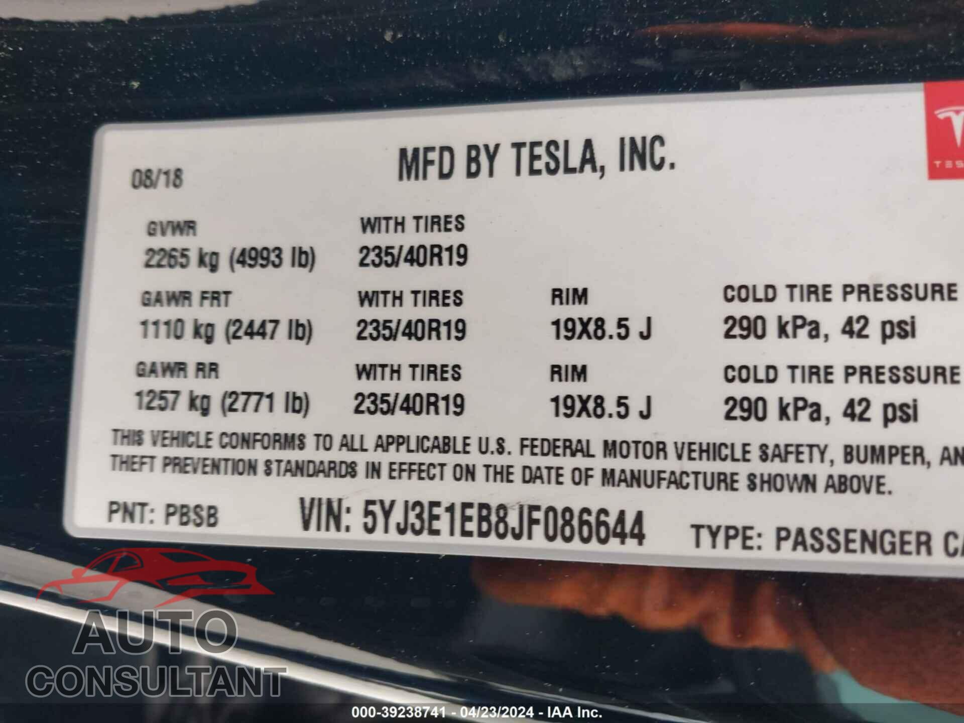 TESLA MODEL 3 2018 - 5YJ3E1EB8JF086644