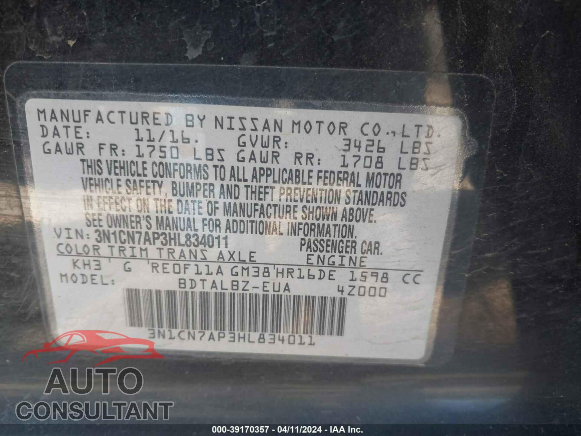 NISSAN VERSA 2017 - 3N1CN7AP3HL834011