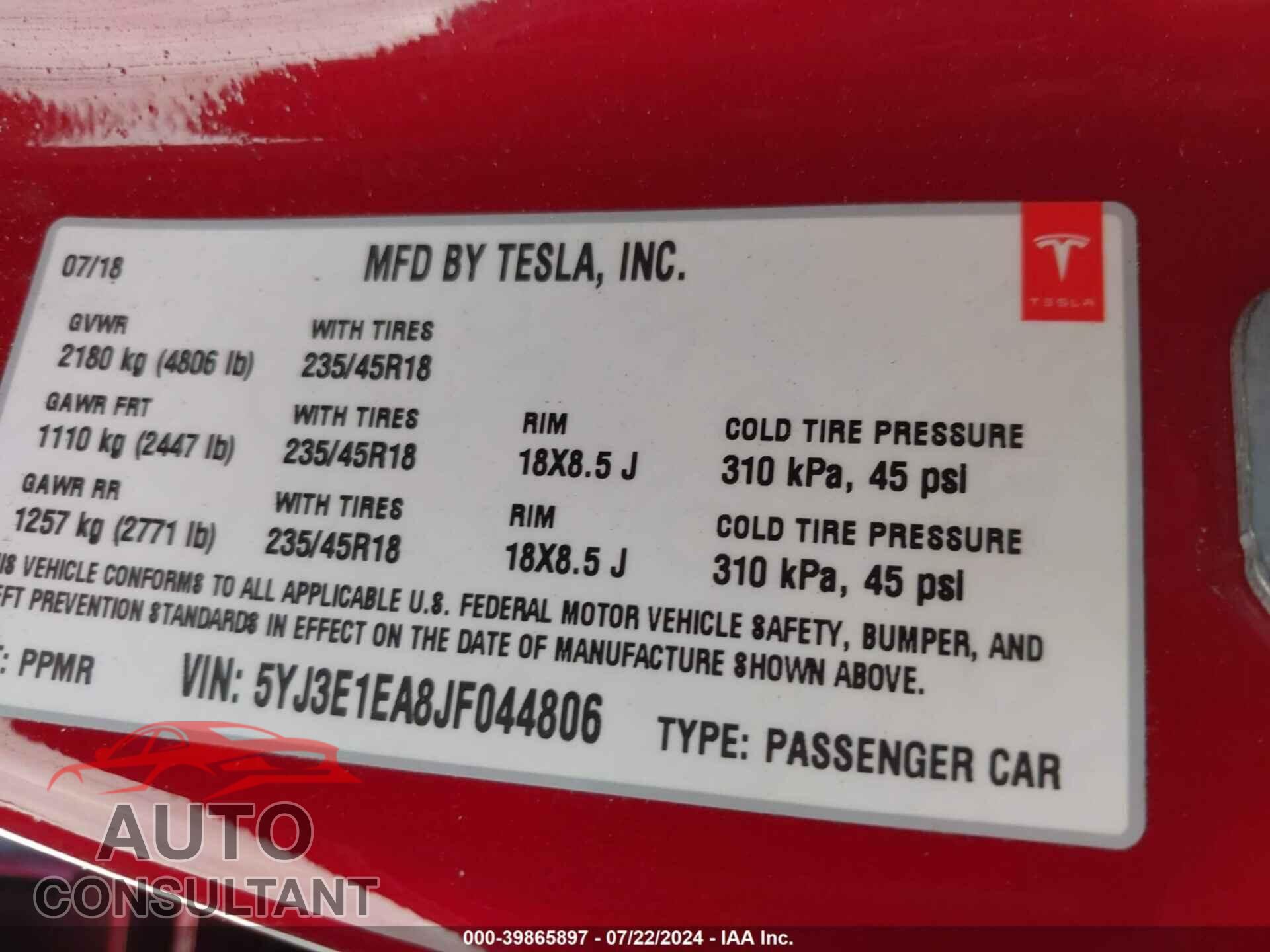 TESLA MODEL 3 2018 - 5YJ3E1EA8JF044806