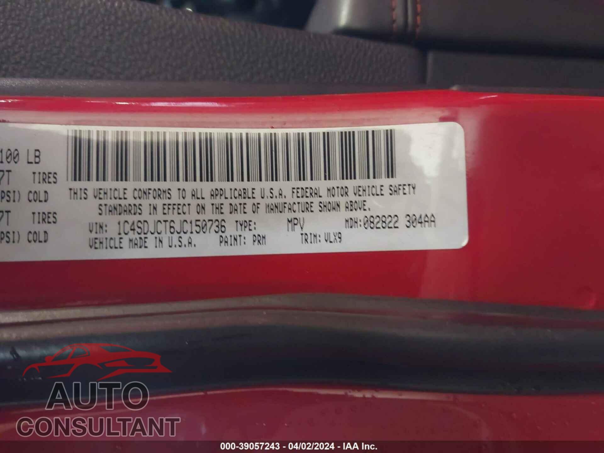 DODGE DURANGO 2018 - 1C4SDJCT6JC150736