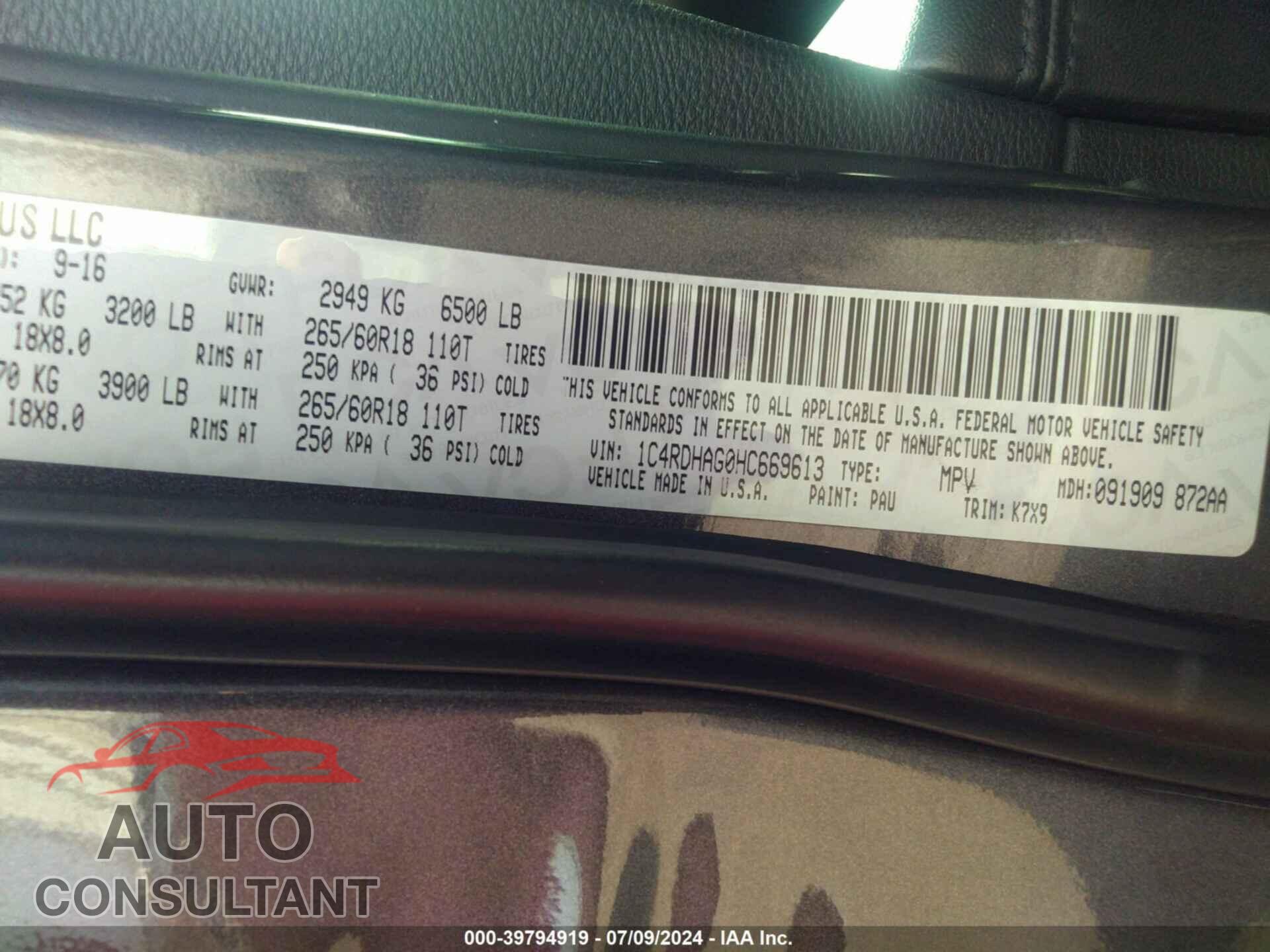 DODGE DURANGO 2017 - 1C4RDHAG0HC669613