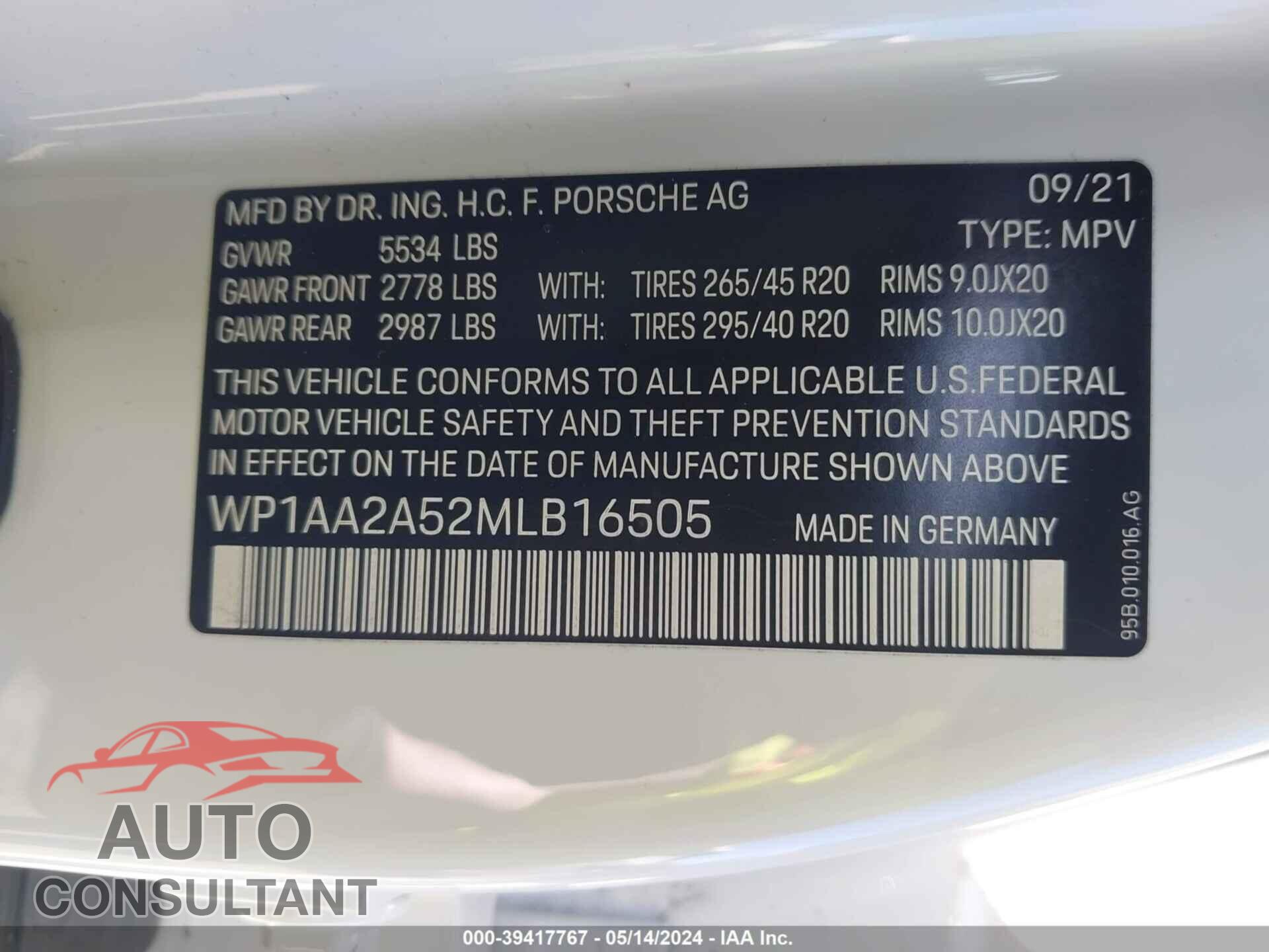 PORSCHE MACAN 2021 - WP1AA2A52MLB16505