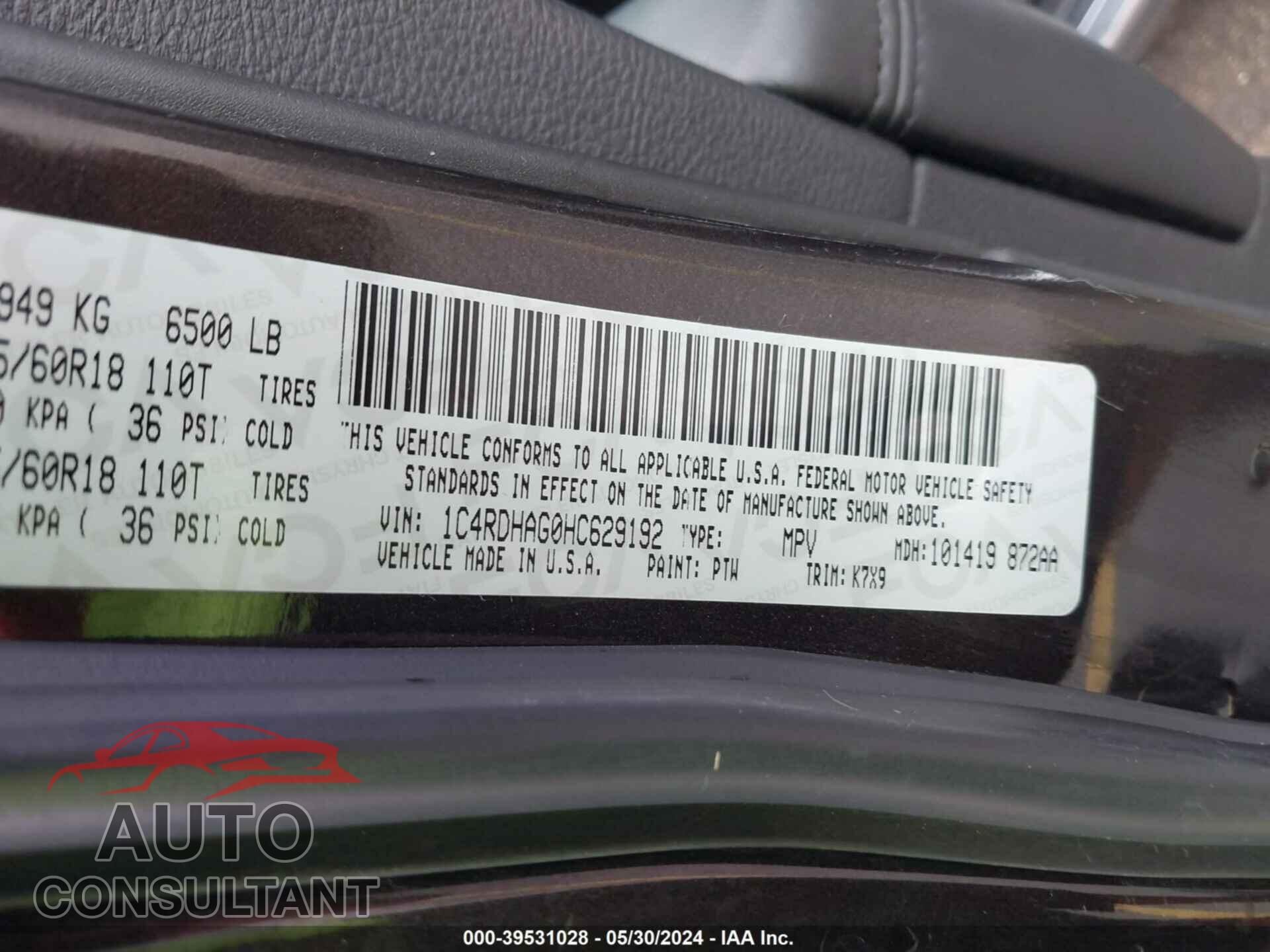 DODGE DURANGO 2017 - 1C4RDHAG0HC629192