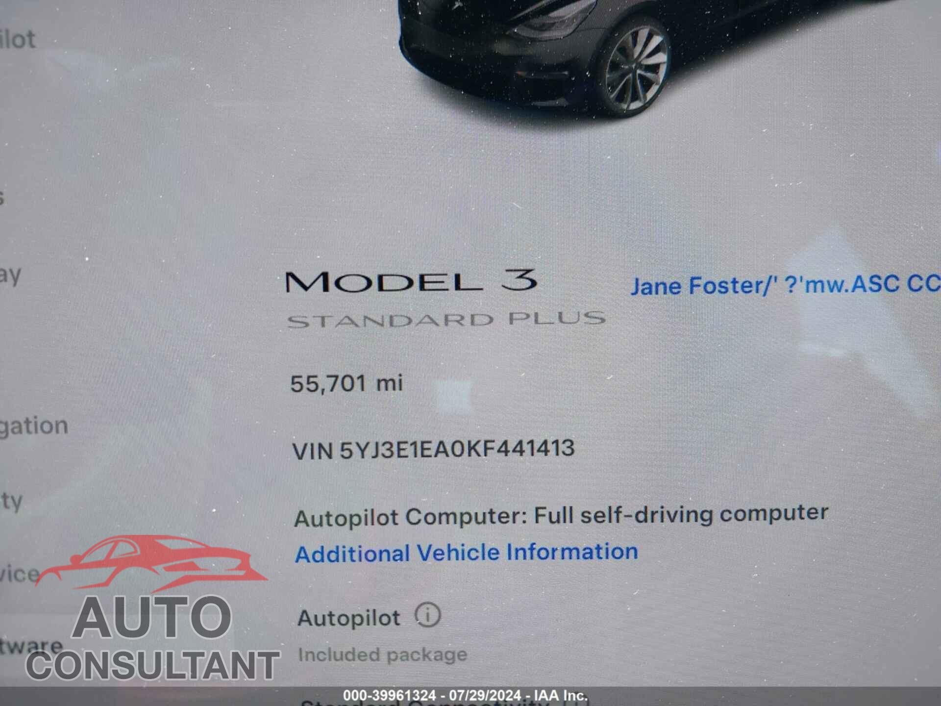 TESLA MODEL 3 2019 - 5YJ3E1EA0KF441413